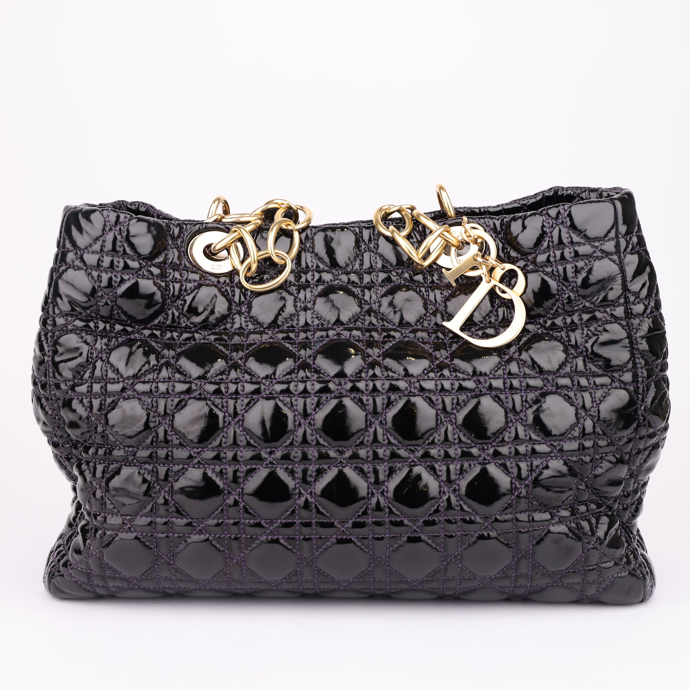 J1492 Christian Dior Black Cannage Quilted Patent Bag- Pre Owned