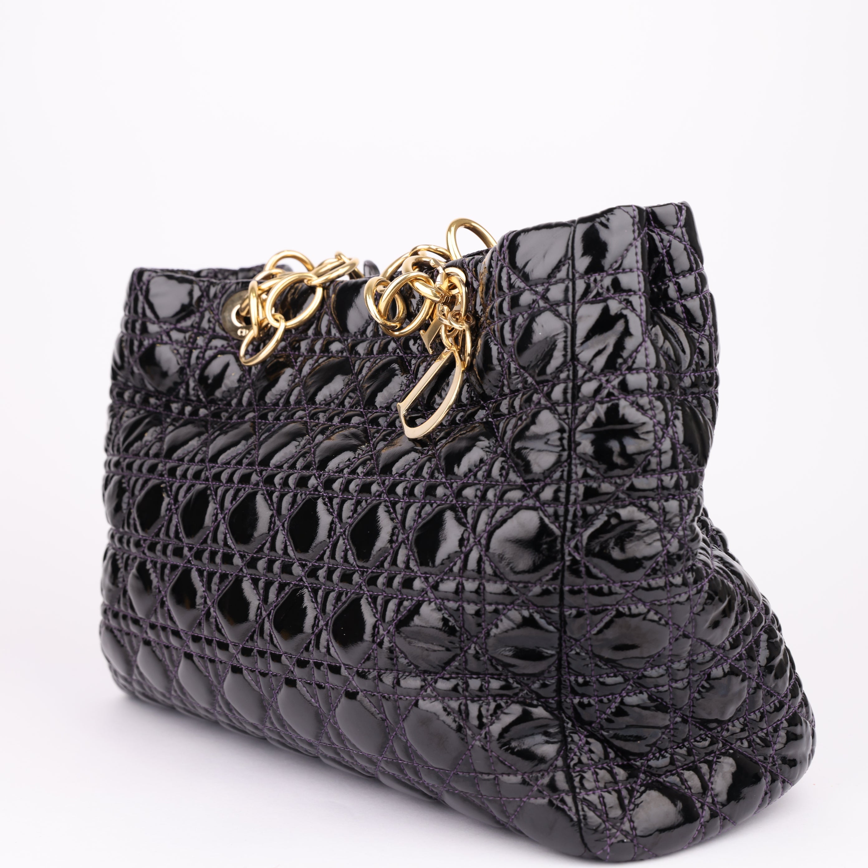 J1492 Christian Dior Black Cannage Quilted Patent Bag- Pre Owned