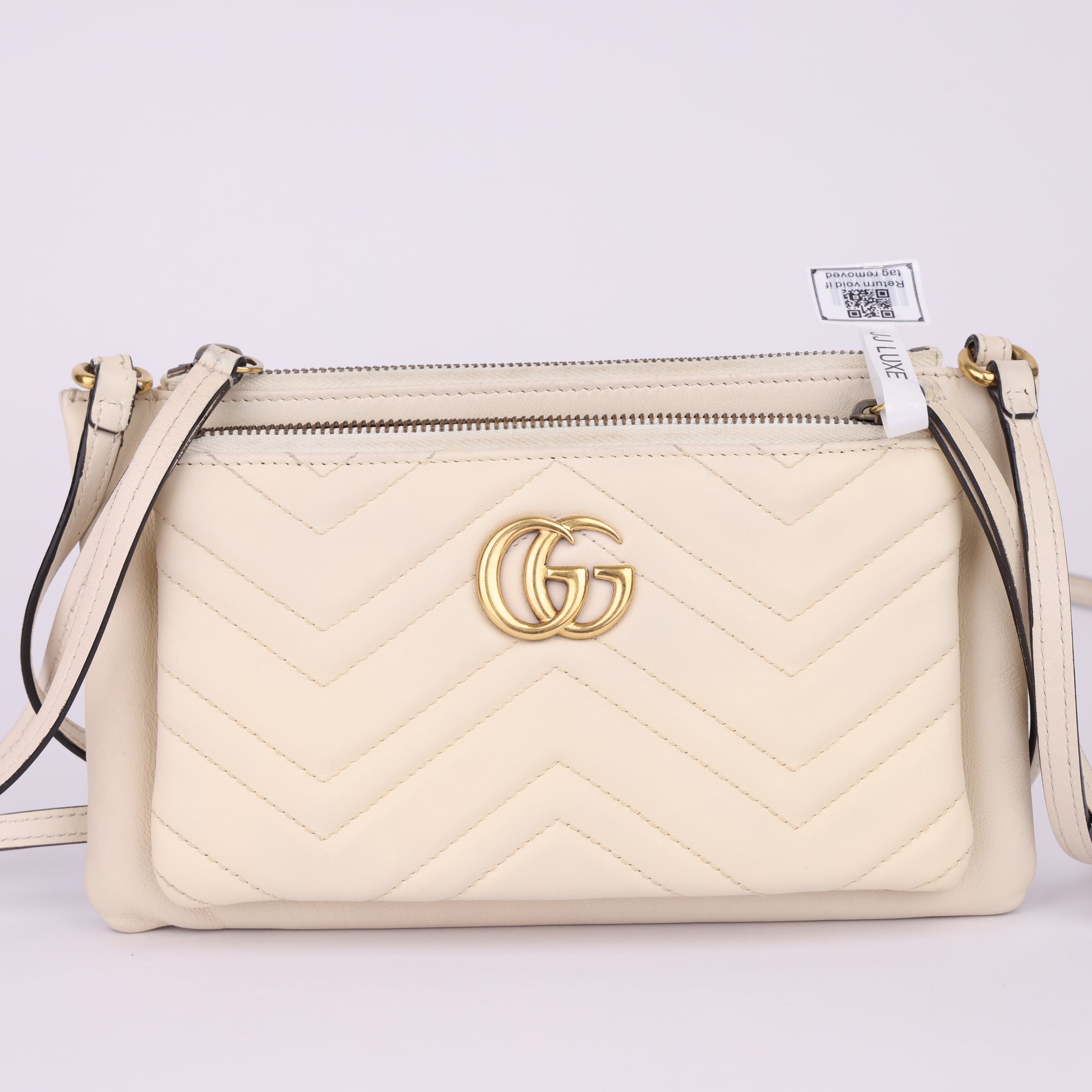 J1458 Gucci White Quilted Leather Marmont Double Pouch- Pre Owned