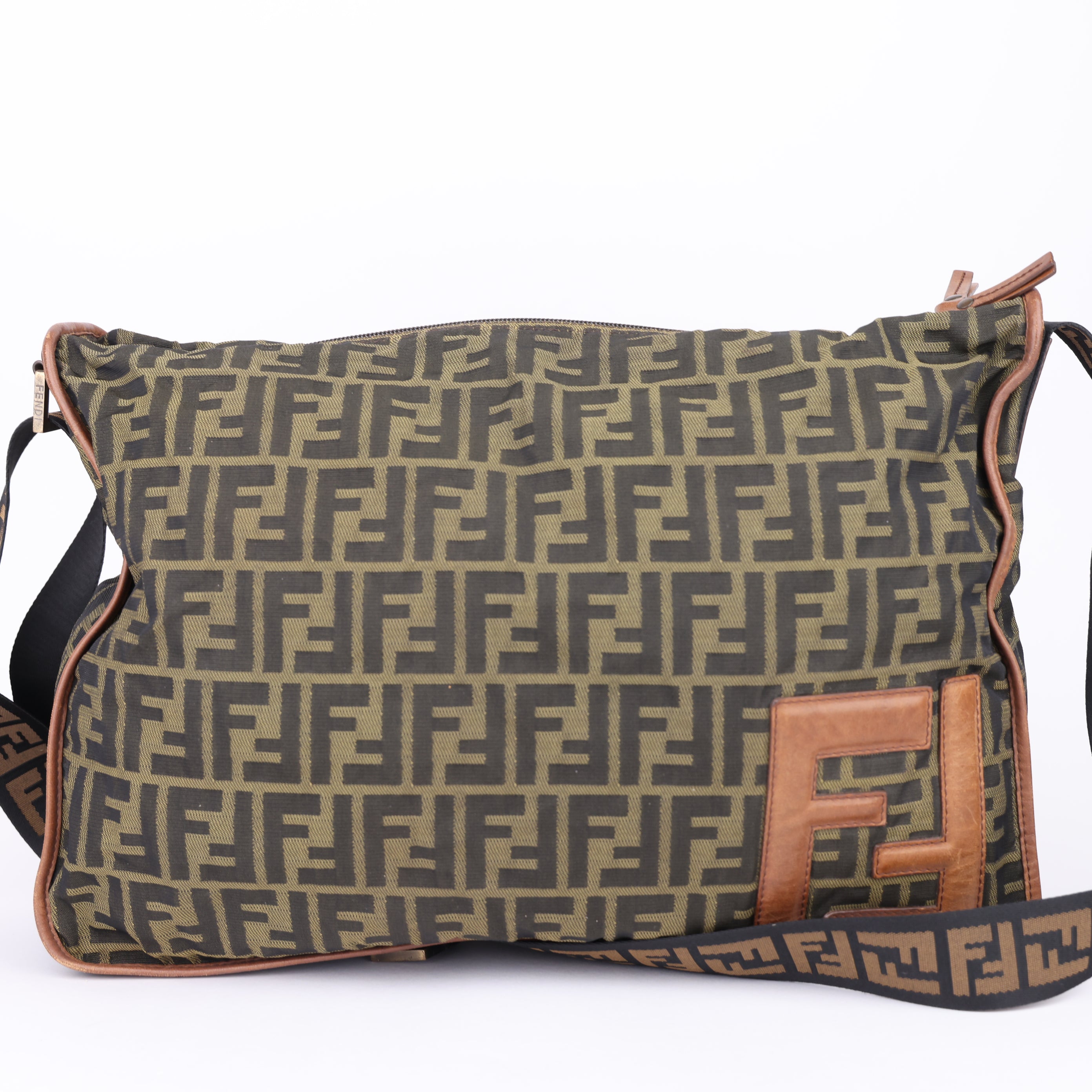 J1454 Fendi Zucca Monogram Canvas Large Messenger Crossbody Bag- Pre Owned