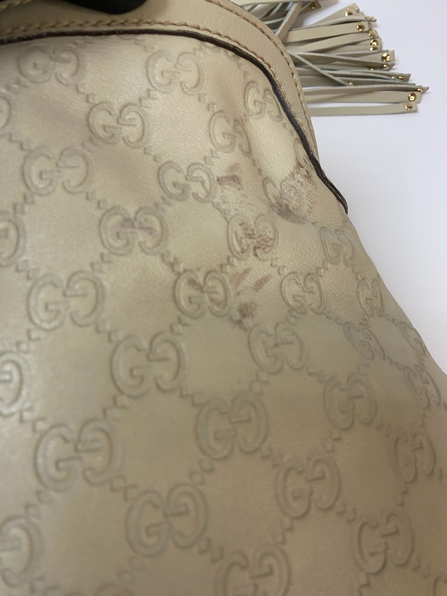 J2956 Gucci Shoulder Bag indy Leather Shoulder Bag Ivory Hobo Tassel Bamboo | Pre-Owned Ivory Plain Leather