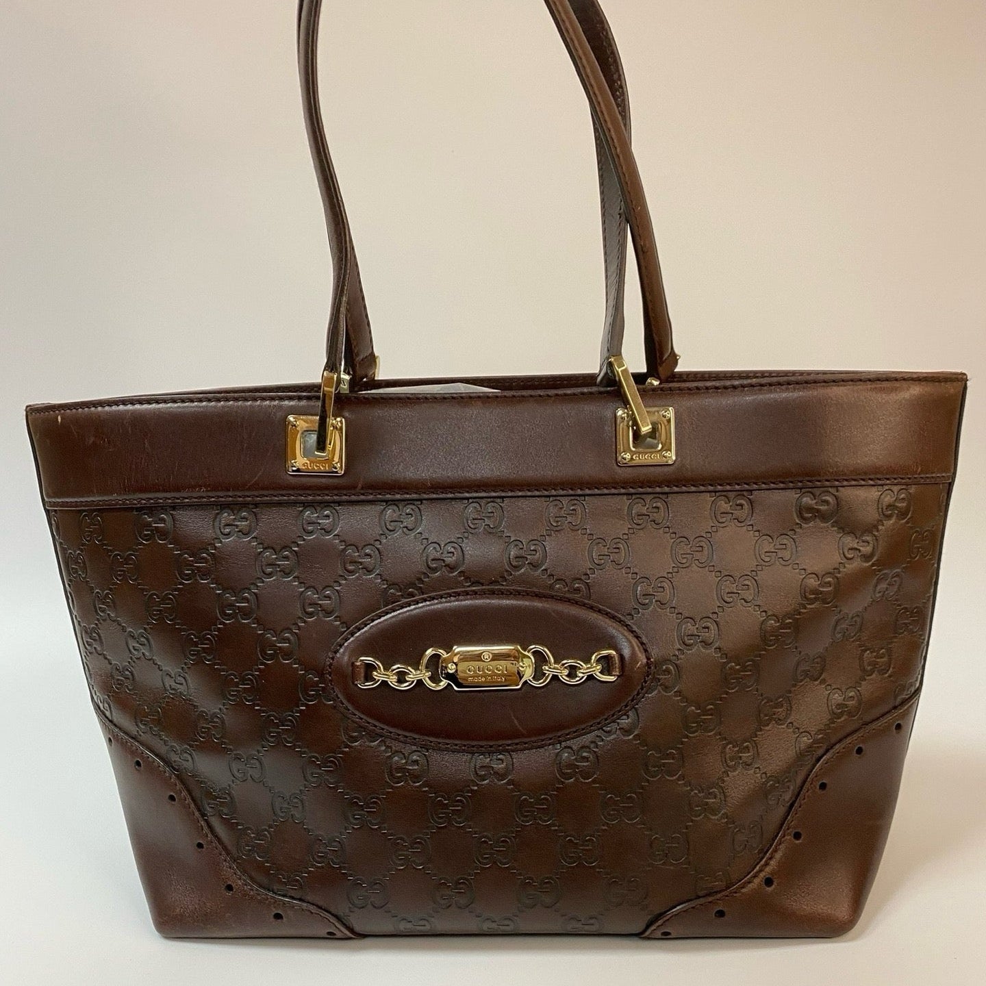 J2989 Gucci Tote Bag Guccissima Large Punch Tote Chocolate Brown | Pre-Owned Like New Chocolate Brown Canvas Guccissima