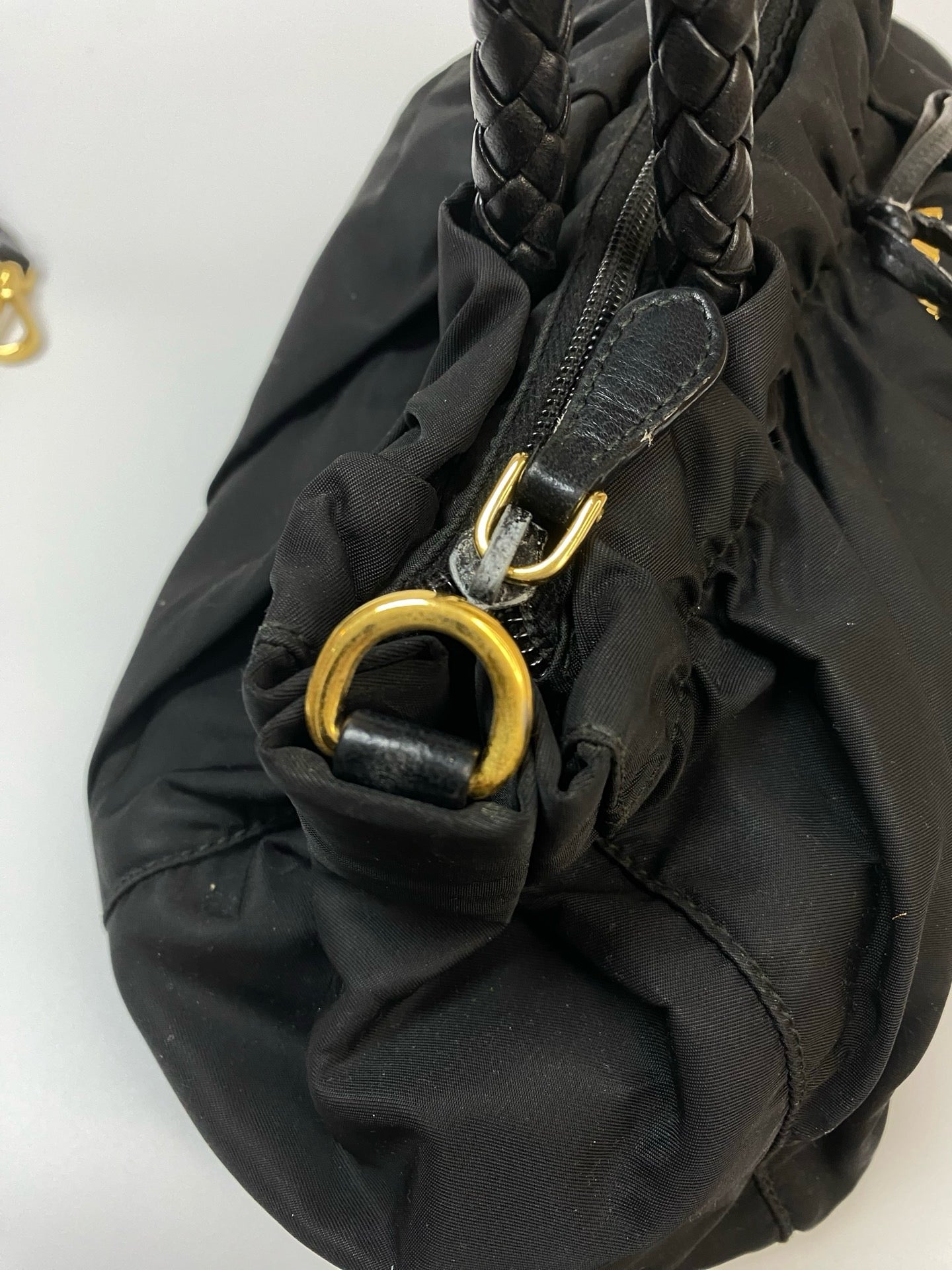 J2959 Prada Top Handle Bag Bow Logo Nylon Shoulder Bag In Balck Gold | Pre-Owned Black Logo Nylon