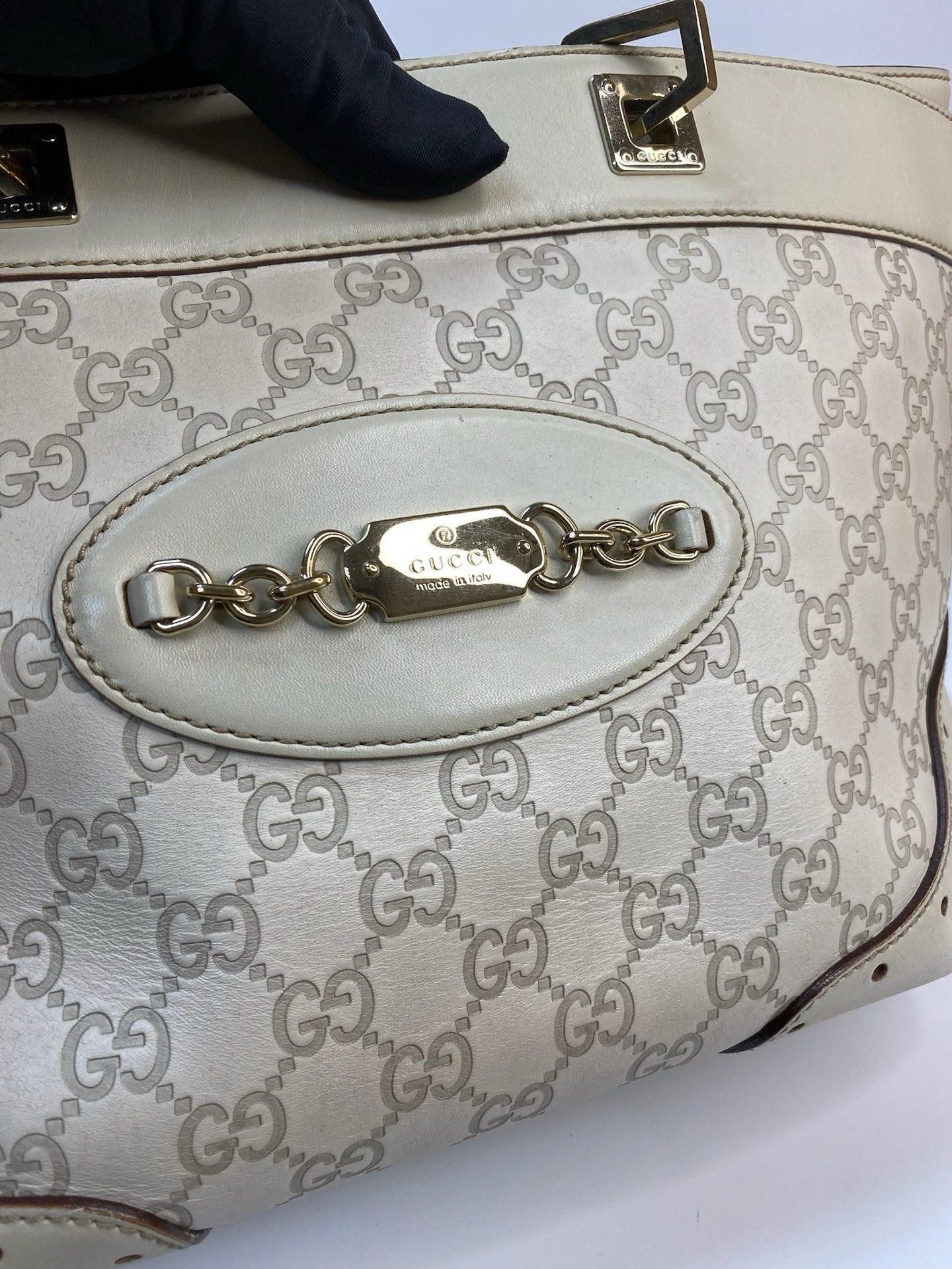 J2858 Gucci Tote Bag Guccisima White Tote Bag | Pre-Owned White Leather Guccissima