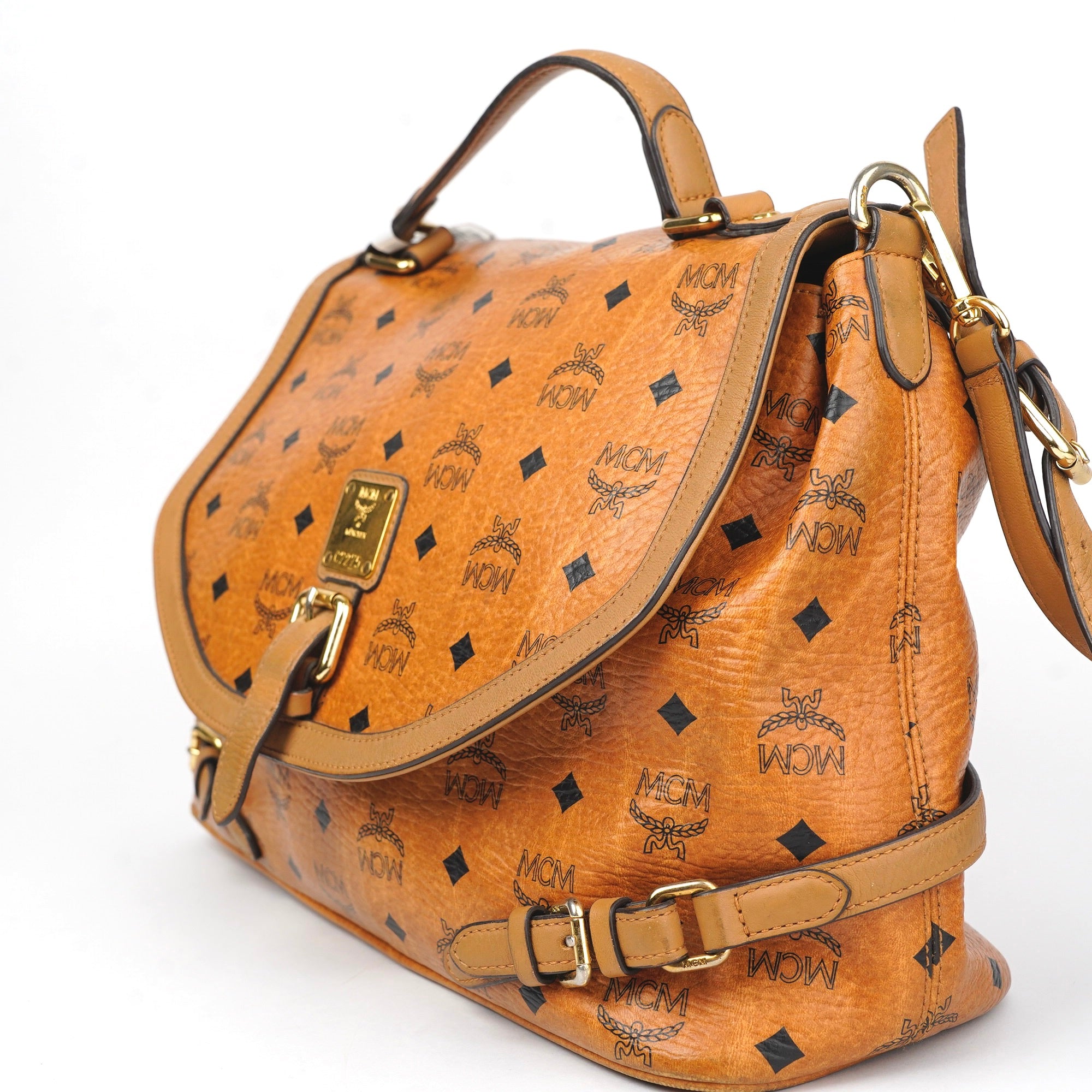 J1426 MCM Mini Gold Visetos Crossbody Bag in Brown- Pre Owned