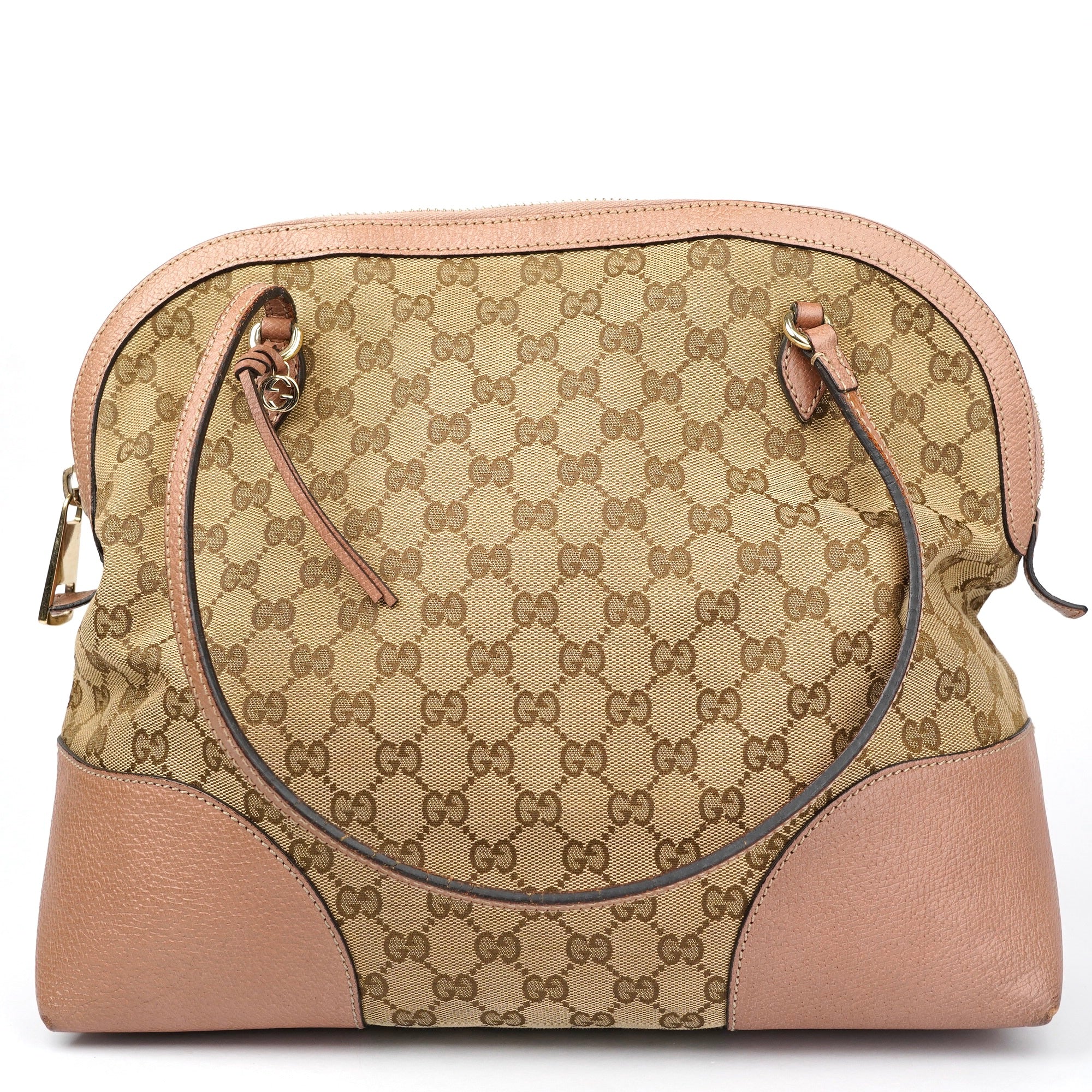 J1397 Gucci GG Canvas Tote Bag Pink Beige Khaki Leather- Pre Owned