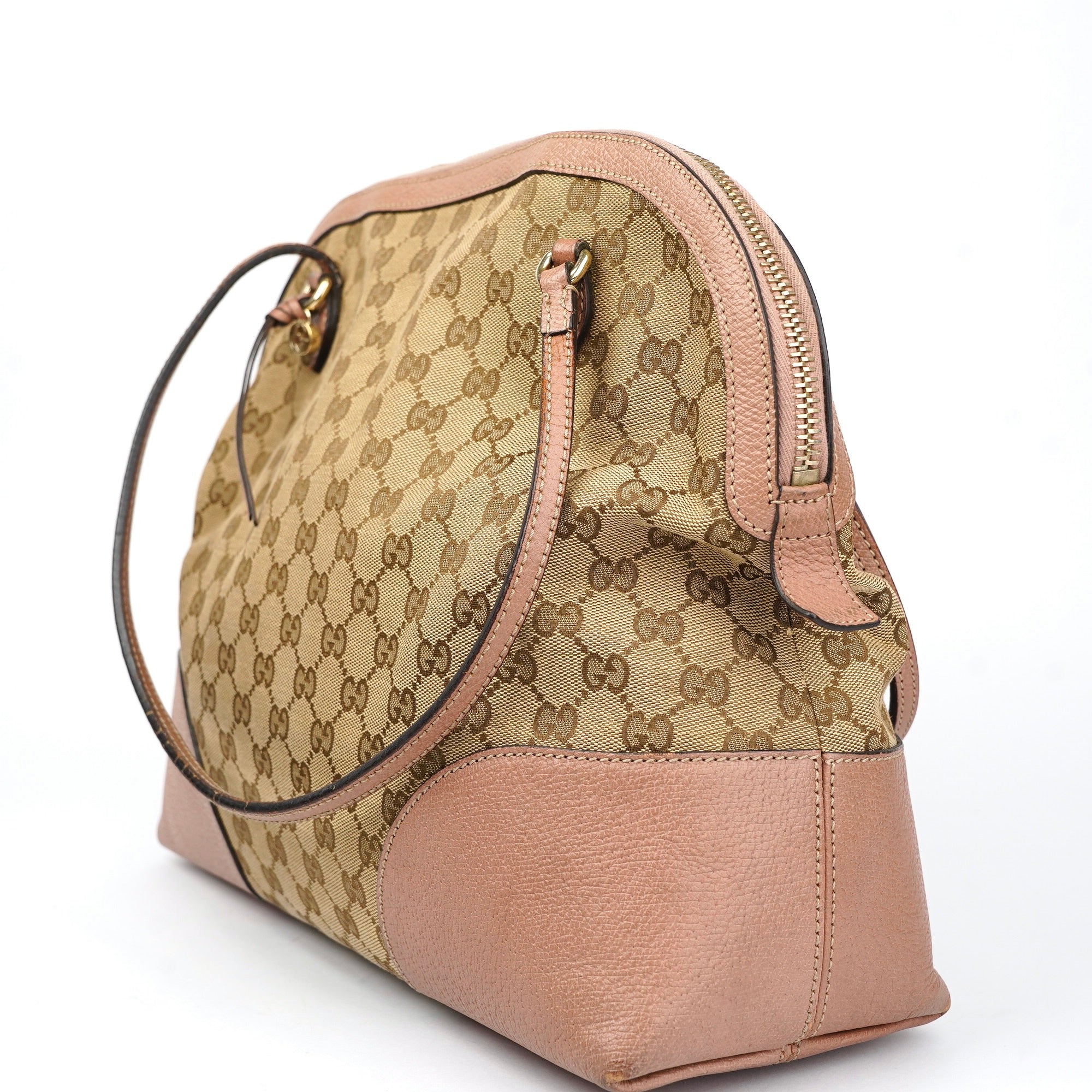 J1397 Gucci GG Canvas Tote Bag Pink Beige Khaki Leather- Pre Owned