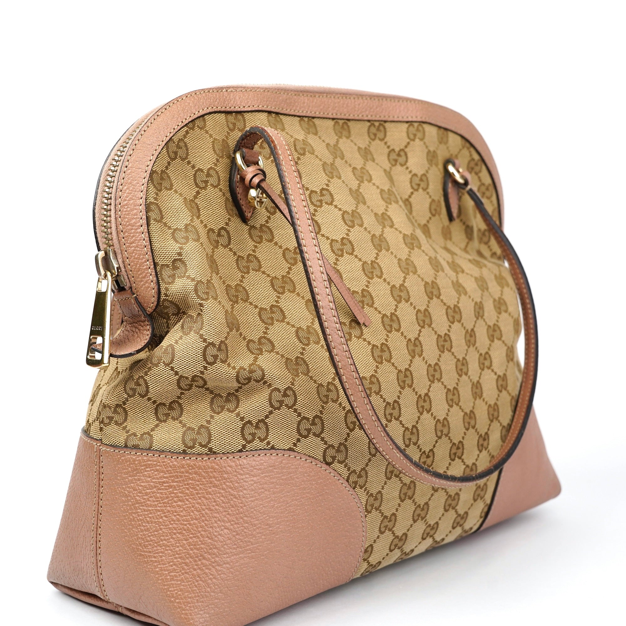 J1397 Gucci GG Canvas Tote Bag Pink Beige Khaki Leather- Pre Owned