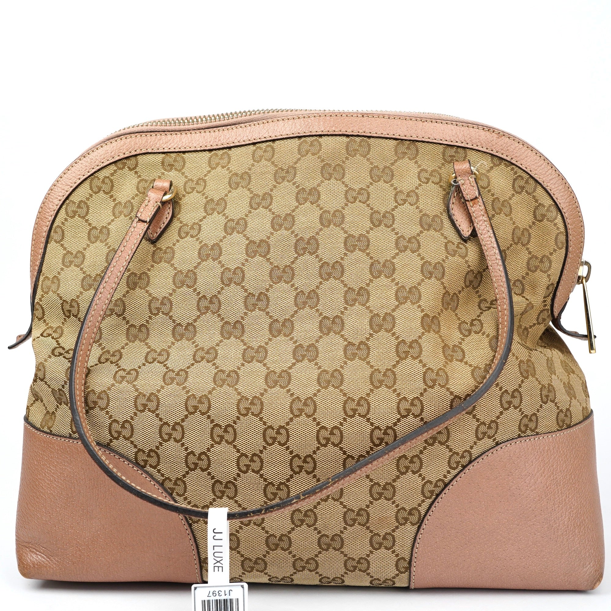 J1397 Gucci GG Canvas Tote Bag Pink Beige Khaki Leather- Pre Owned