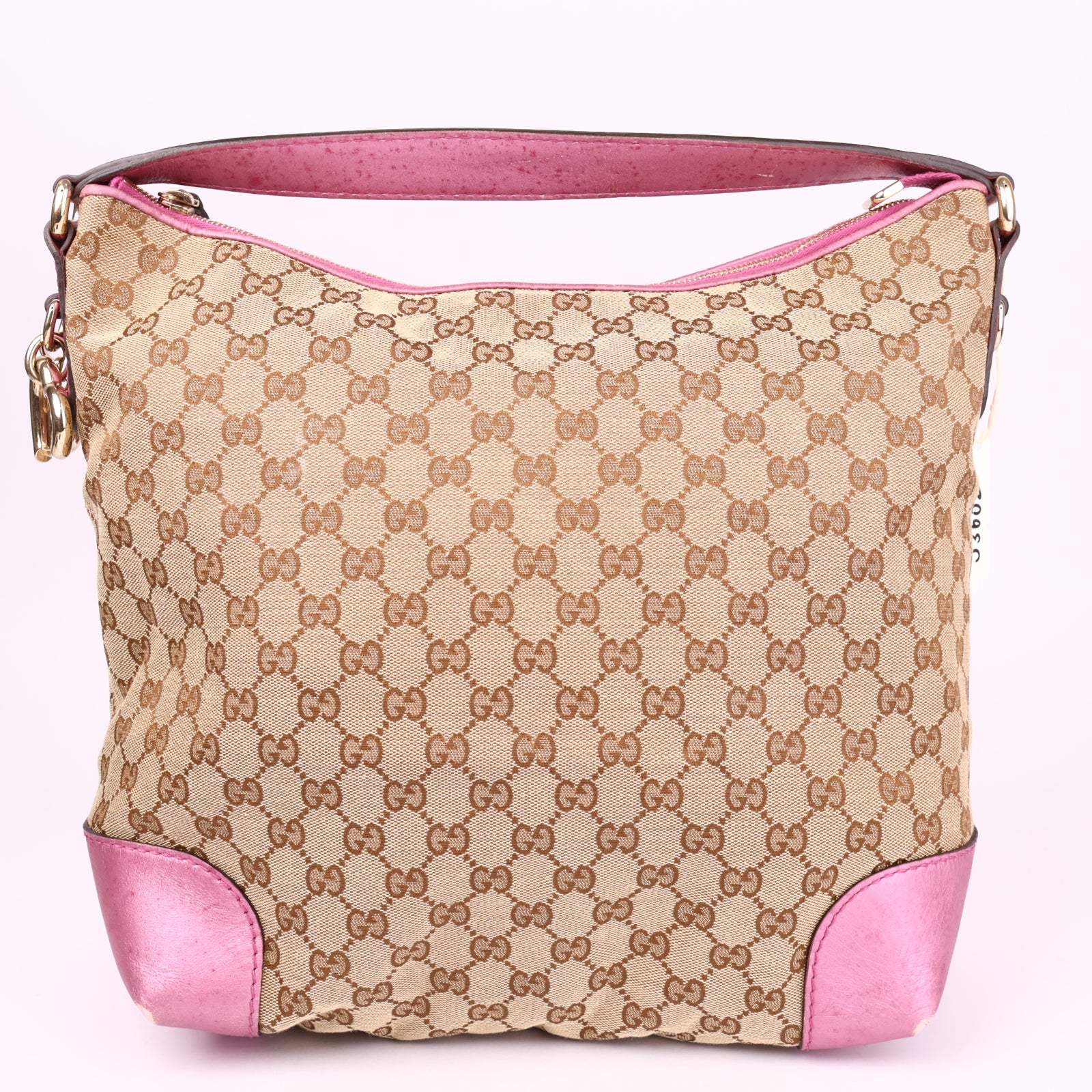 J3602 Gucci Beige/Pink GG Canvas Heart-Bit Hobo Bag- Pre Owned