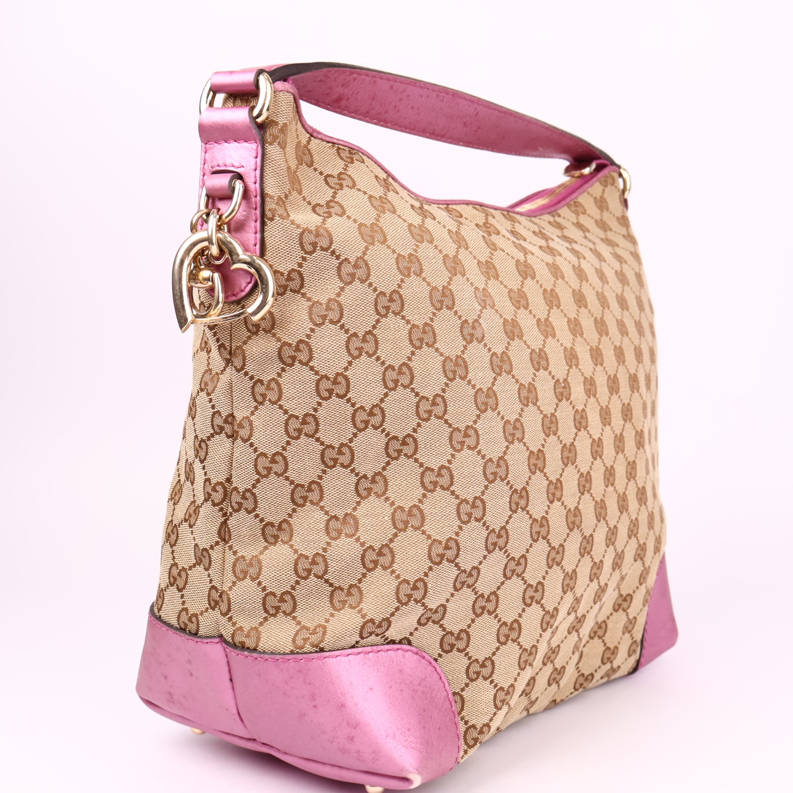 J3602 Gucci Beige/Pink GG Canvas Heart-Bit Hobo Bag- Pre Owned