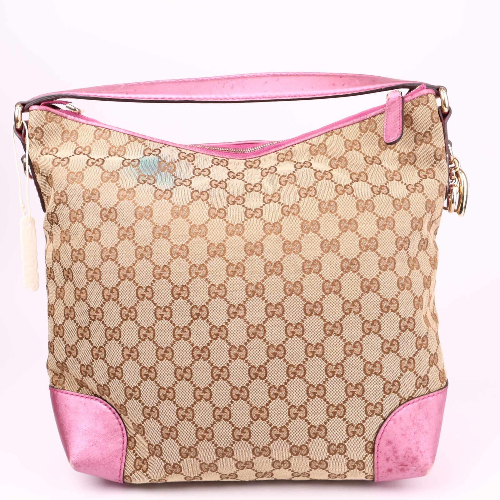 J3602 Gucci Beige/Pink GG Canvas Heart-Bit Hobo Bag- Pre Owned