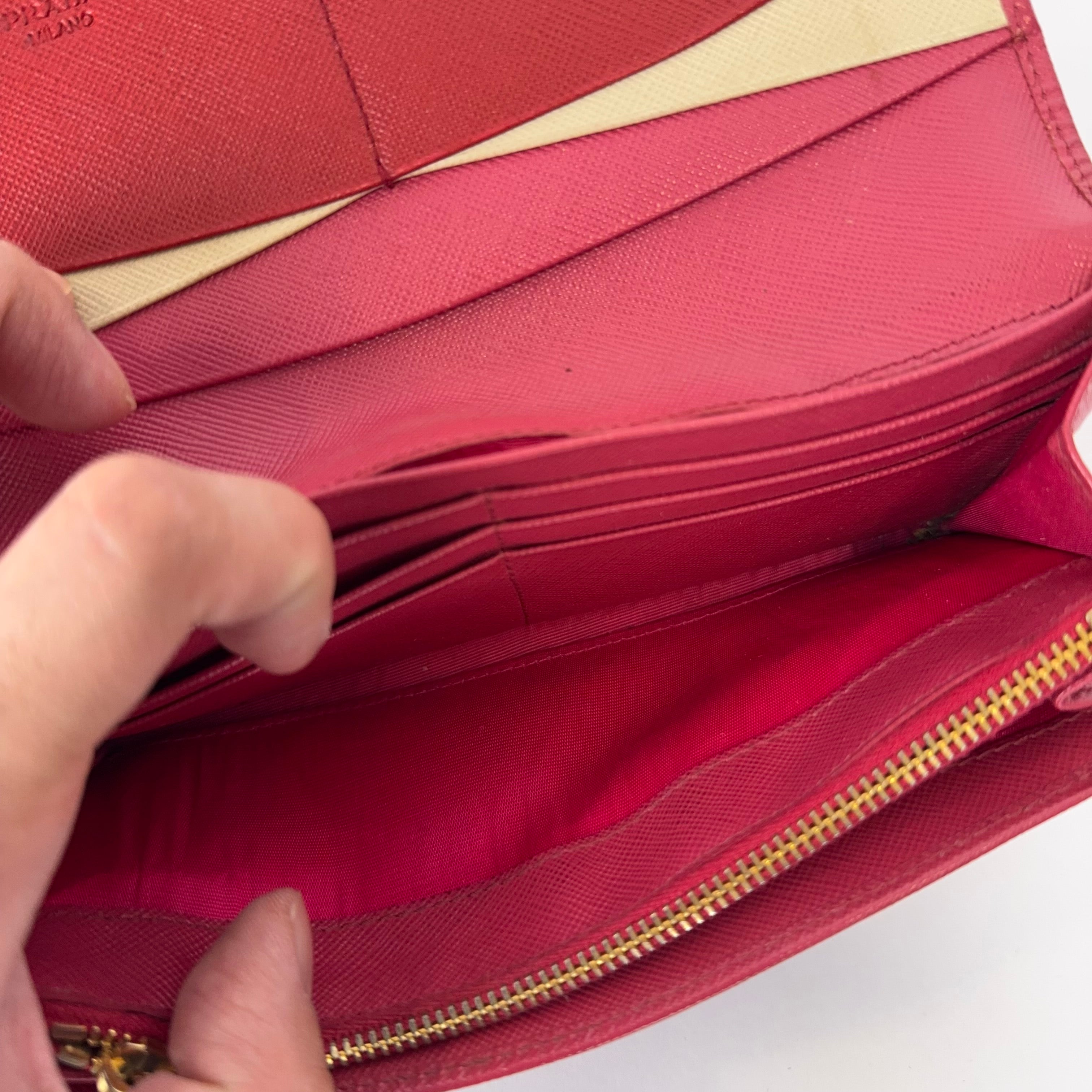 PRE OWNED- PRADA Saffiano Leather Long Wallet Deep Pink J0567W87231