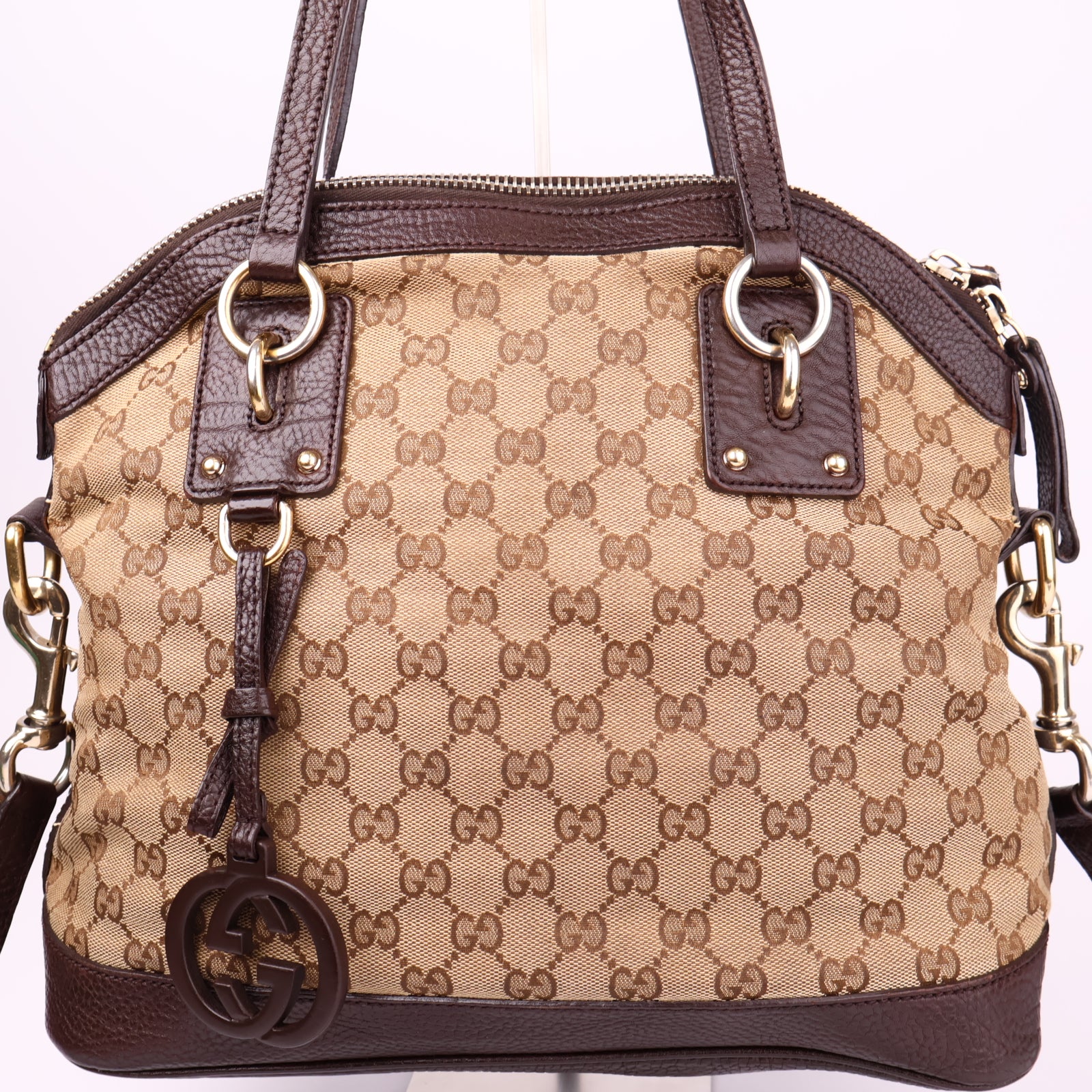 J3634 Gucci Beige/Brown GG Canvas and Leather Charm Satchel- Pre Owned