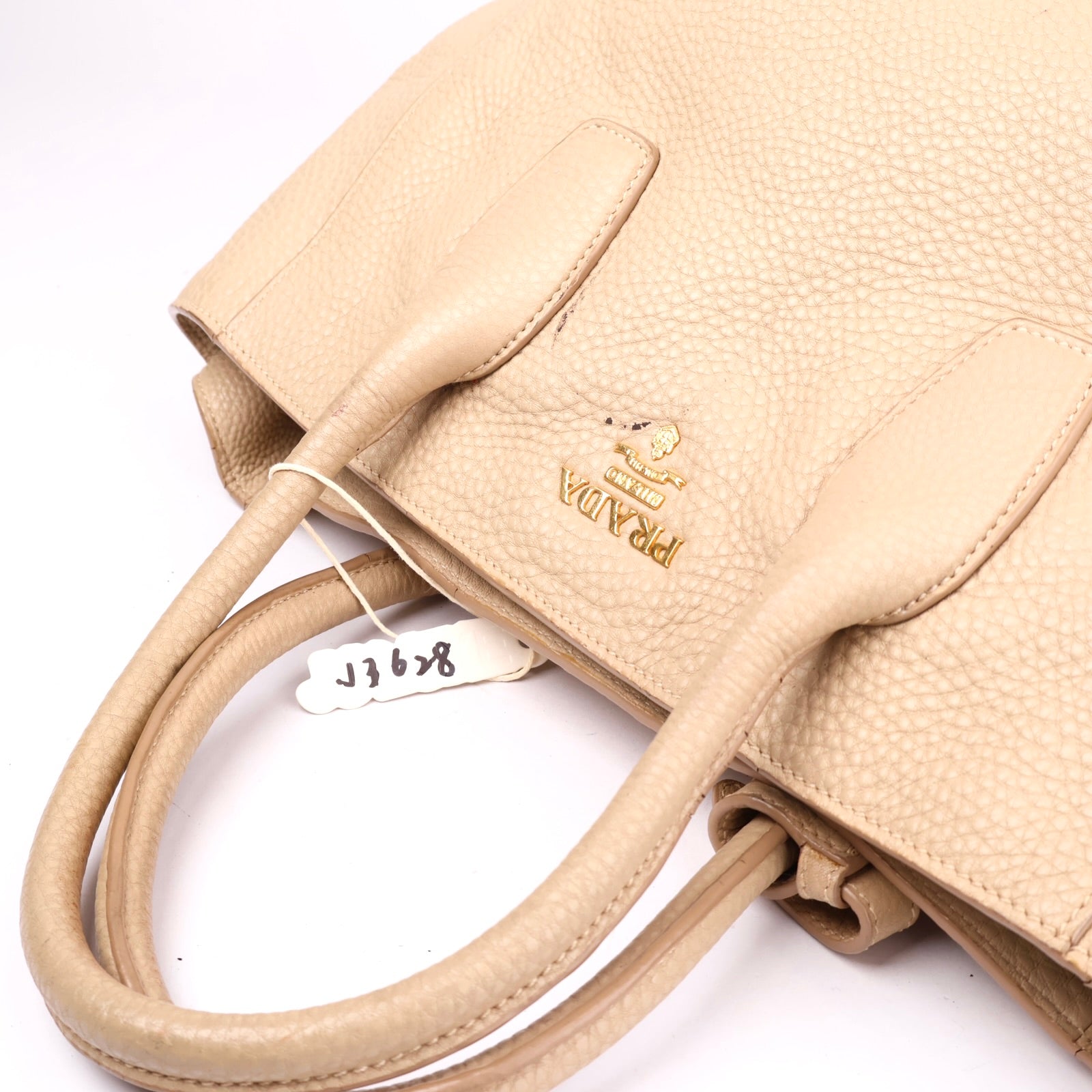 J3628 Prada Tote Bag Shoulder Beige Leather- Pre Owned