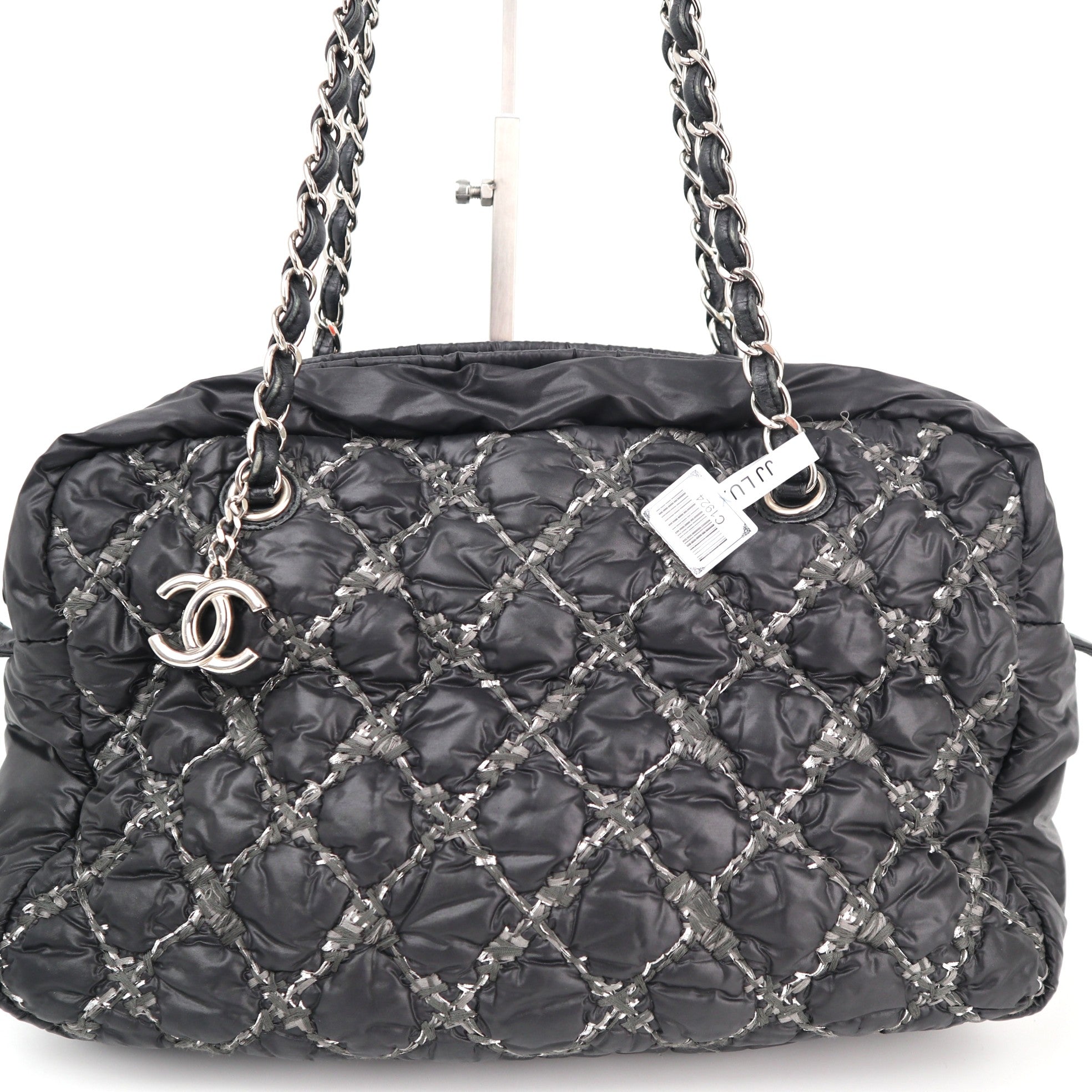 C1924 Chanel Shoulder Bag Nylon Quilted Tweed Stitch Bubble Camera Case Black | Pre-Owned Very Good Black Nylon, Tweed Quilted