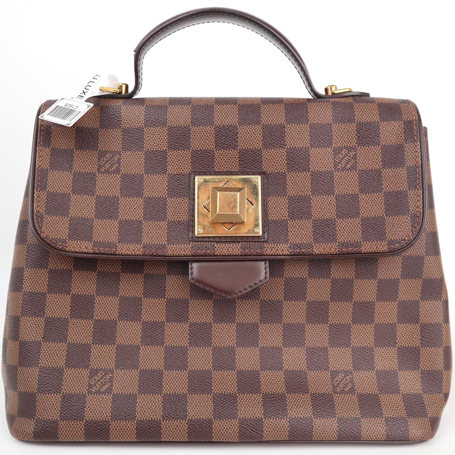 C1926 Louis Vuitton Top Handle Bag Damier Ebene Bergamo MM | Pre-Owned Excellent Brown Canvas Damier Ebene