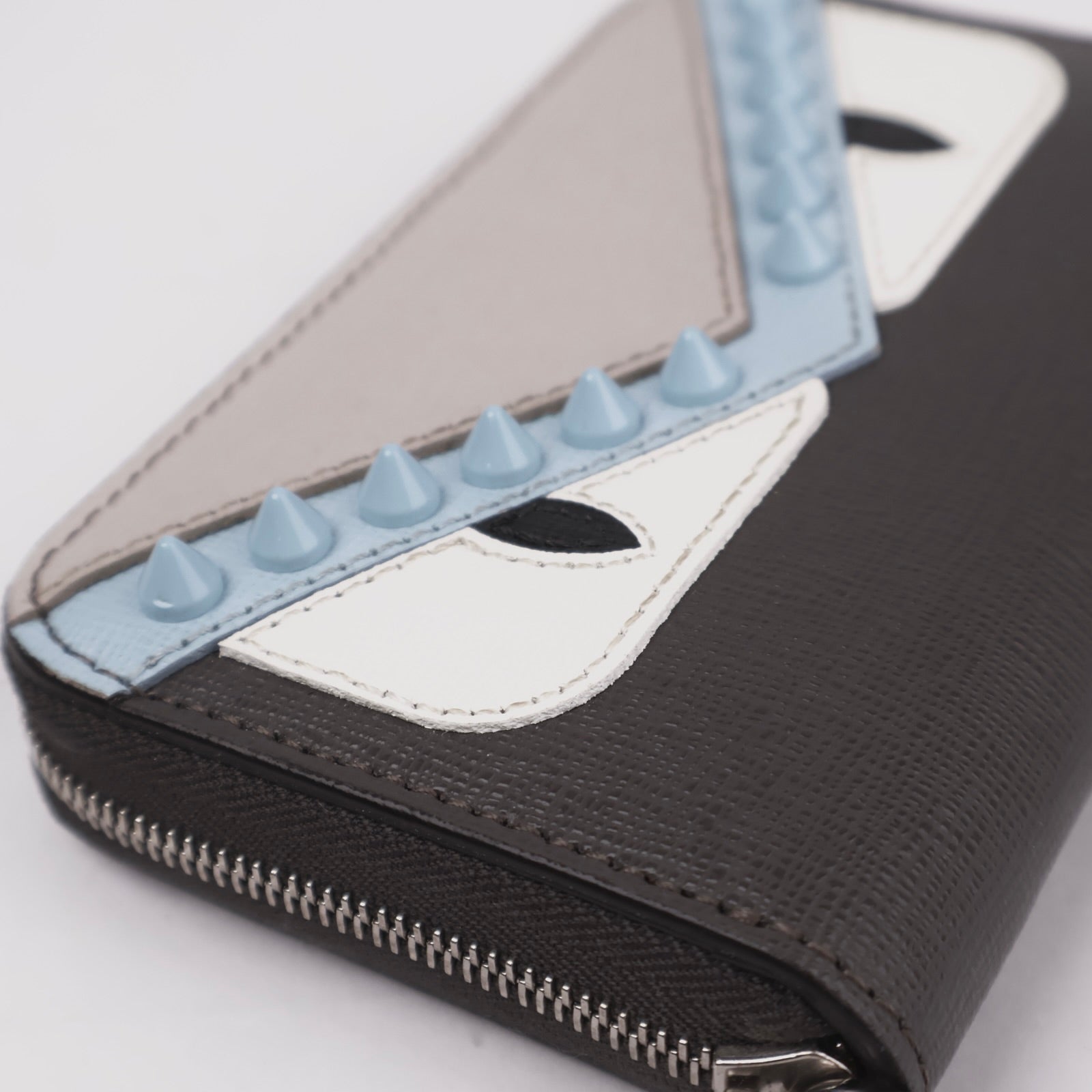 J3665-FENDI Carbon Vitello Elite Leather Monster Eyes Zip Around Mini Wallet- Pre Owned