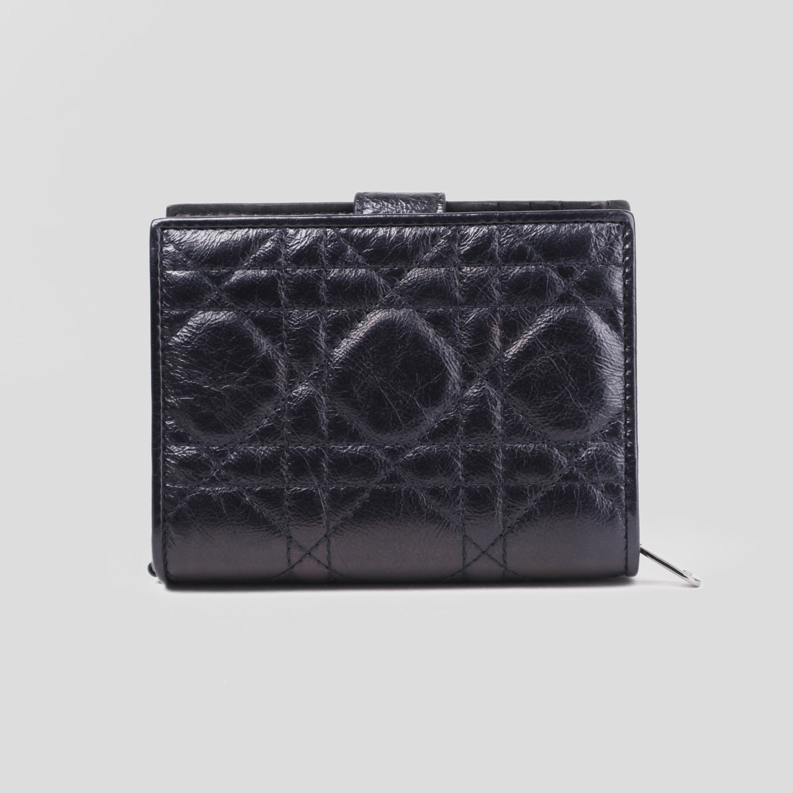 J3669-Dior Metallic Midnight Blue Cannage Quilted Leather Compact French Wallet- Pre Owned