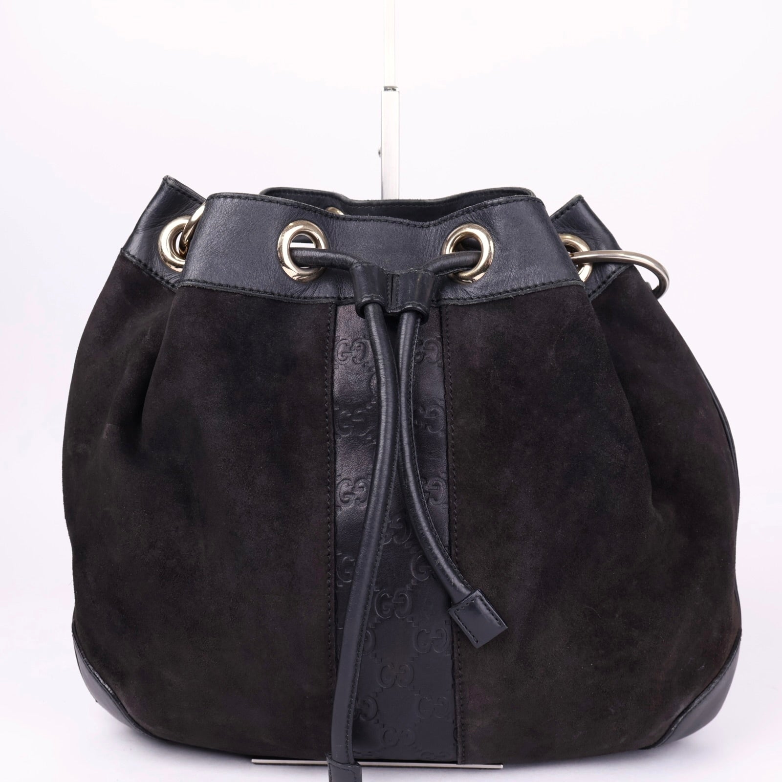 J3505 Gucci Brown Suede and Leather Drawstring Hobo Bag- Pre Owned
