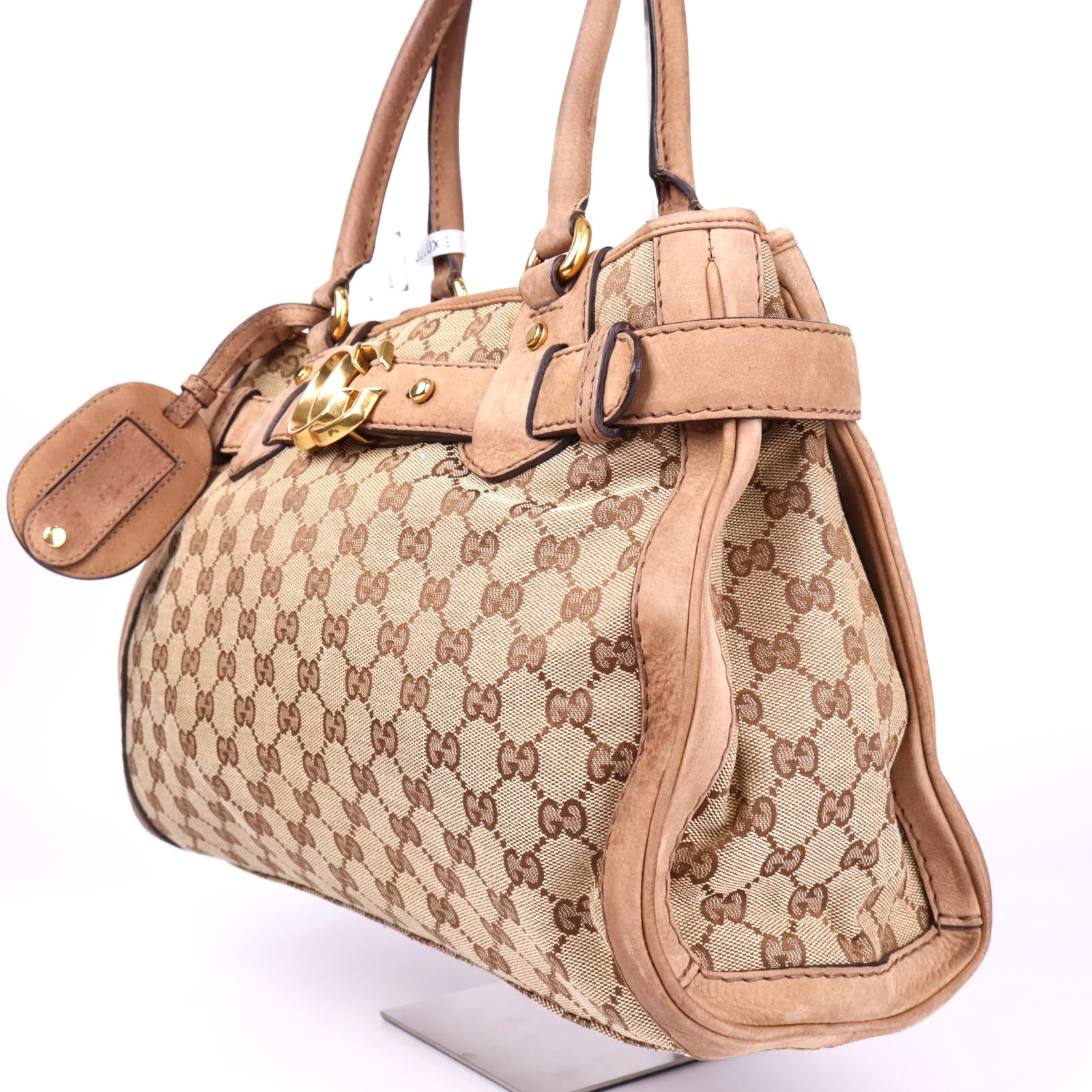 J3413 Gucci GG Monogram Canvas Leather Tote Bag Brown- Pre Owned
