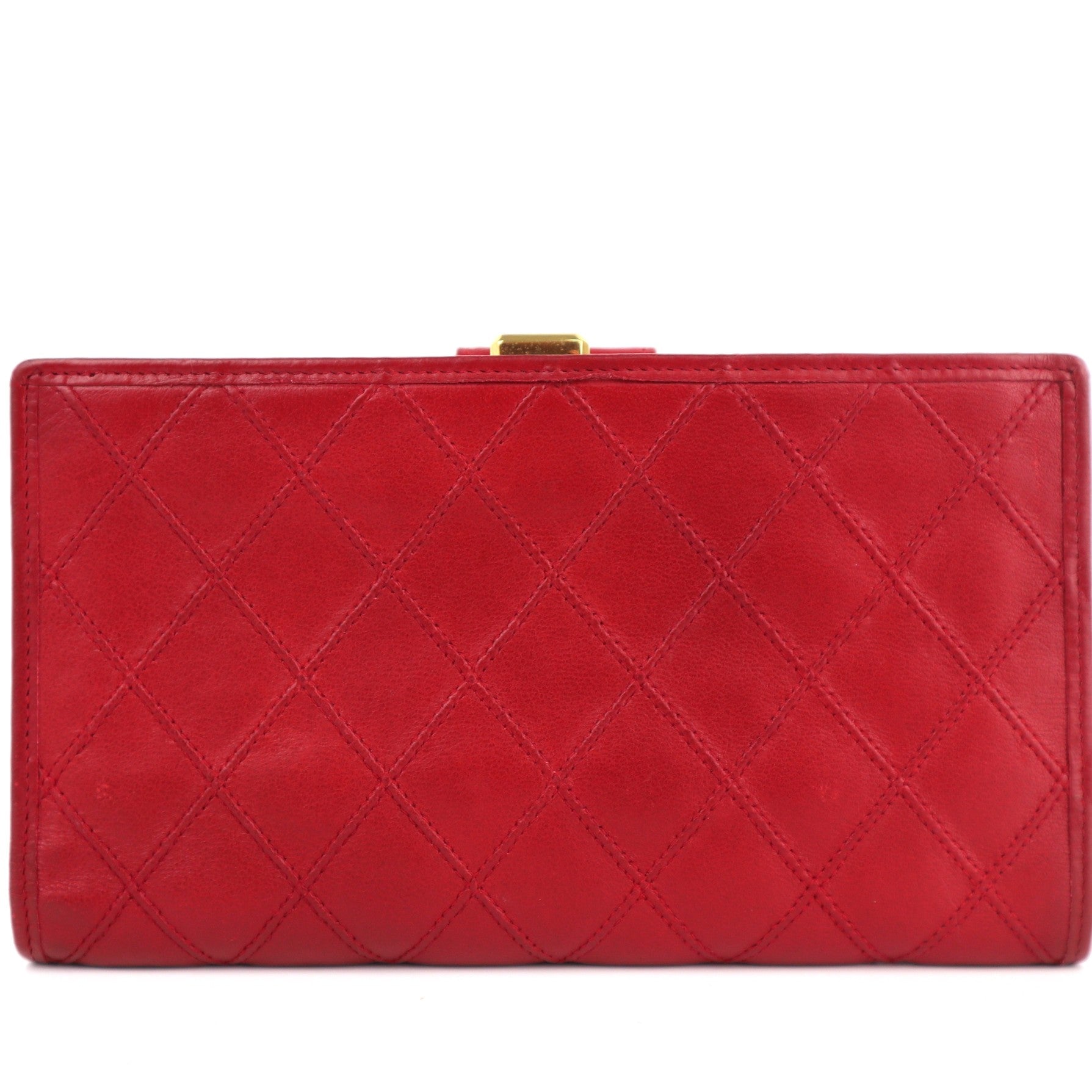 C2134 Chanel Wallet Quilted Lambskin Bifold Flap Long | Pre-Owned Very Good Red Quilted lambskin leather