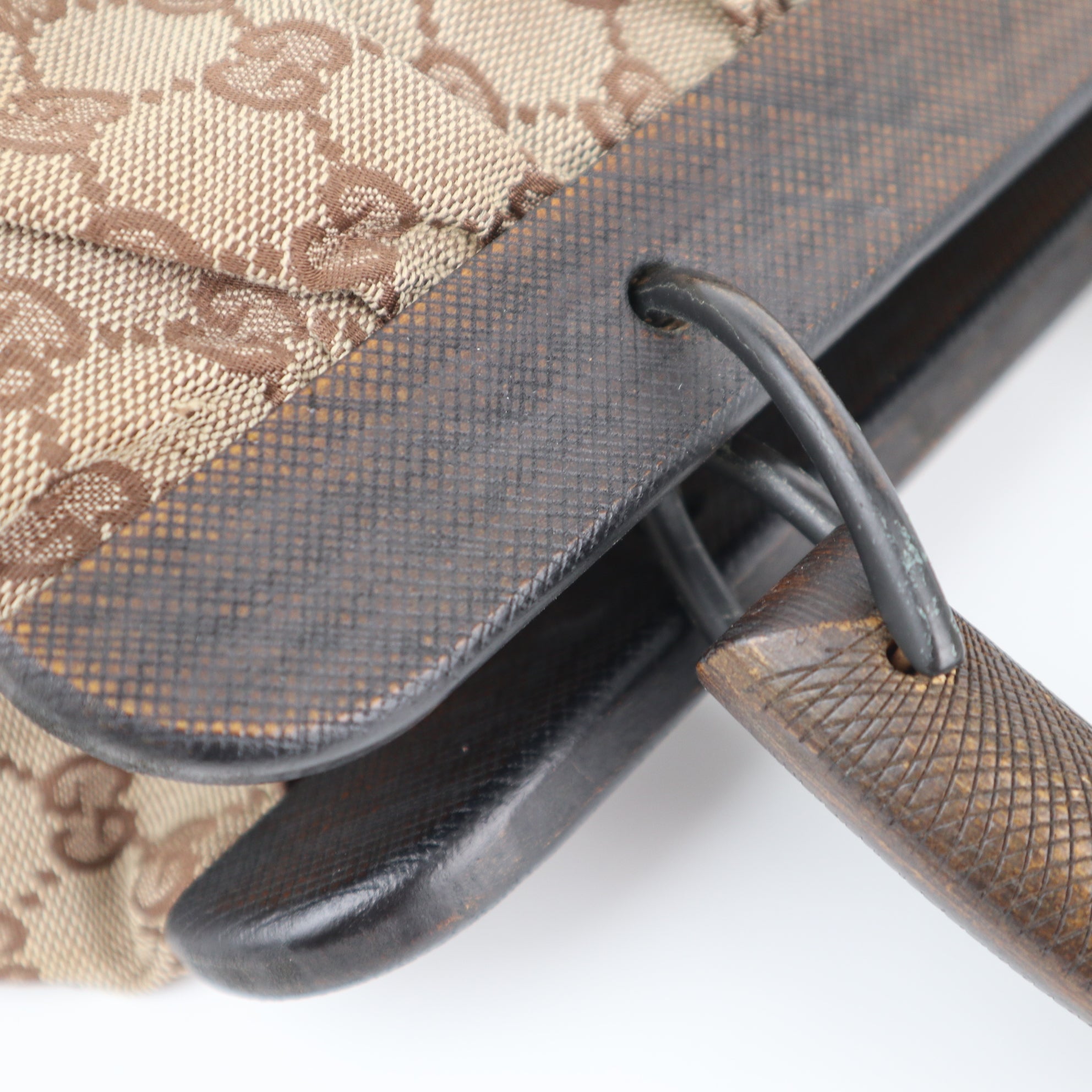 C2170 Gucci Tote Bag GG Canvas Wood Handle Tote Bag | Pre-Owned Very Good Brown GG Canvas