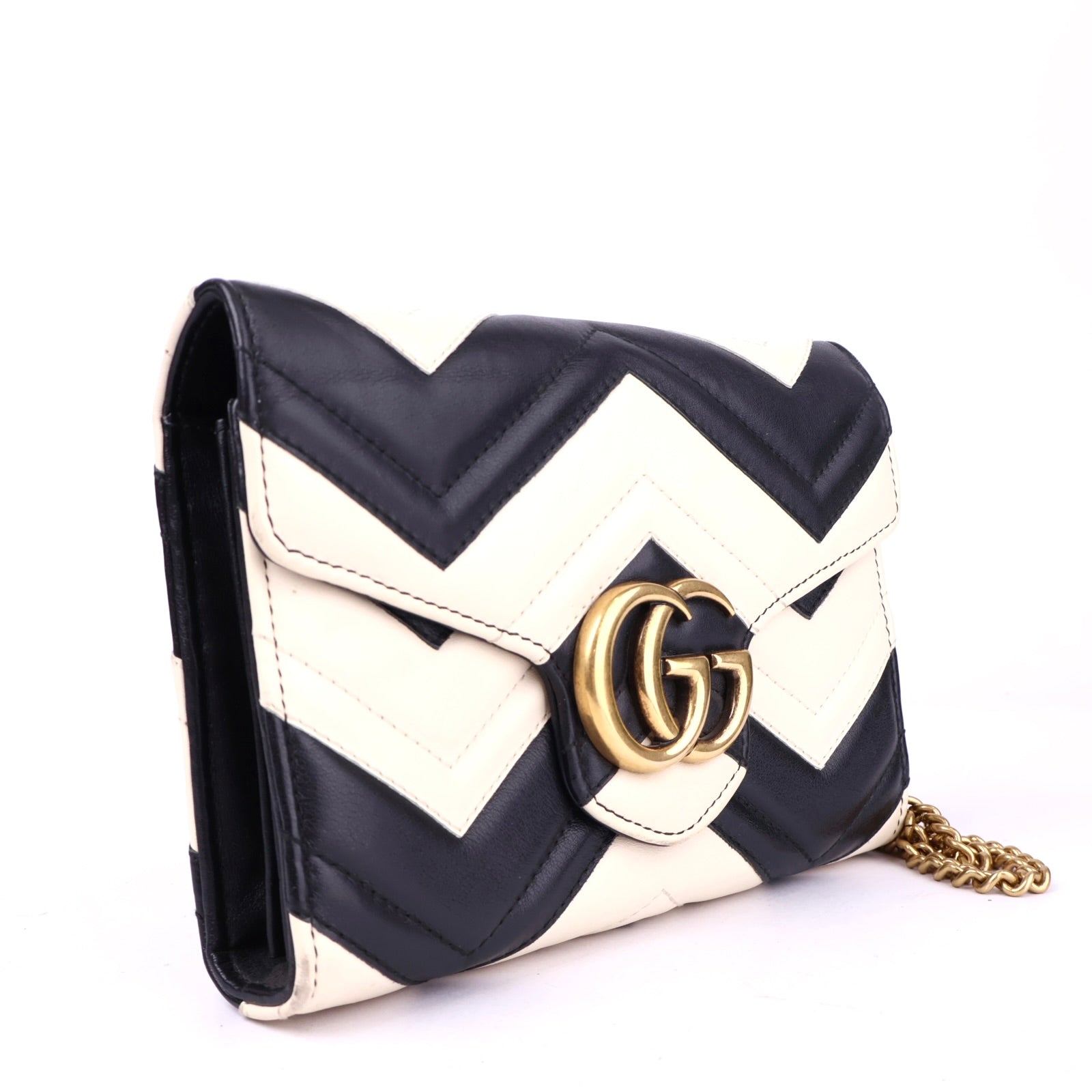 J2130 Gucci GG Marmont Black & White Leather Shoulder Bag- Pre Owned