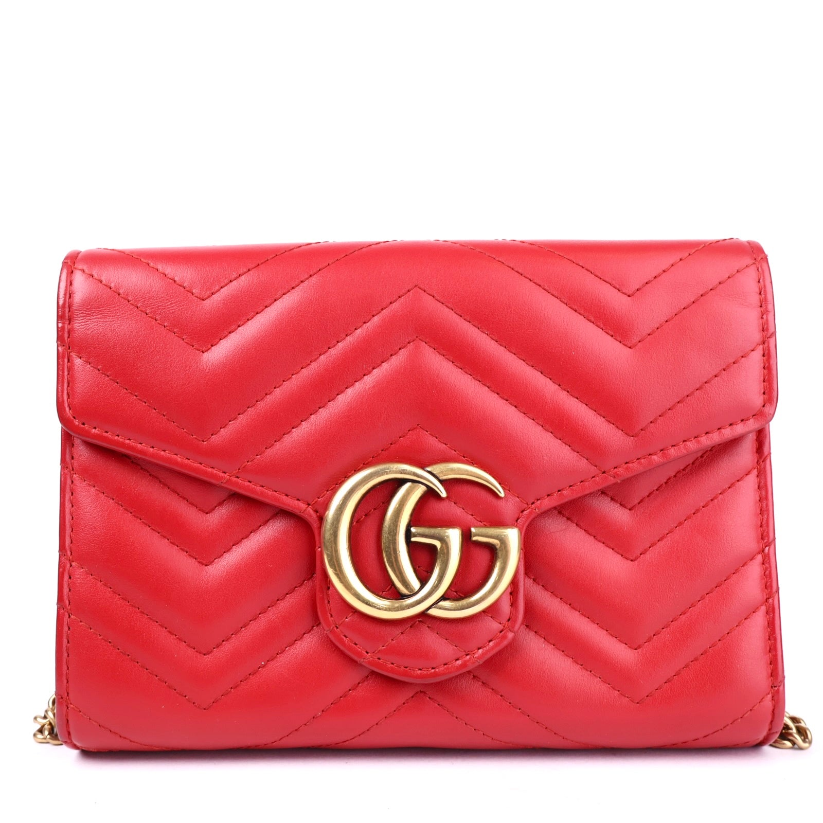 J2097 Gucci Calfskin Matelasse Mini GG Marmont Chain Wallet- Pre Owned