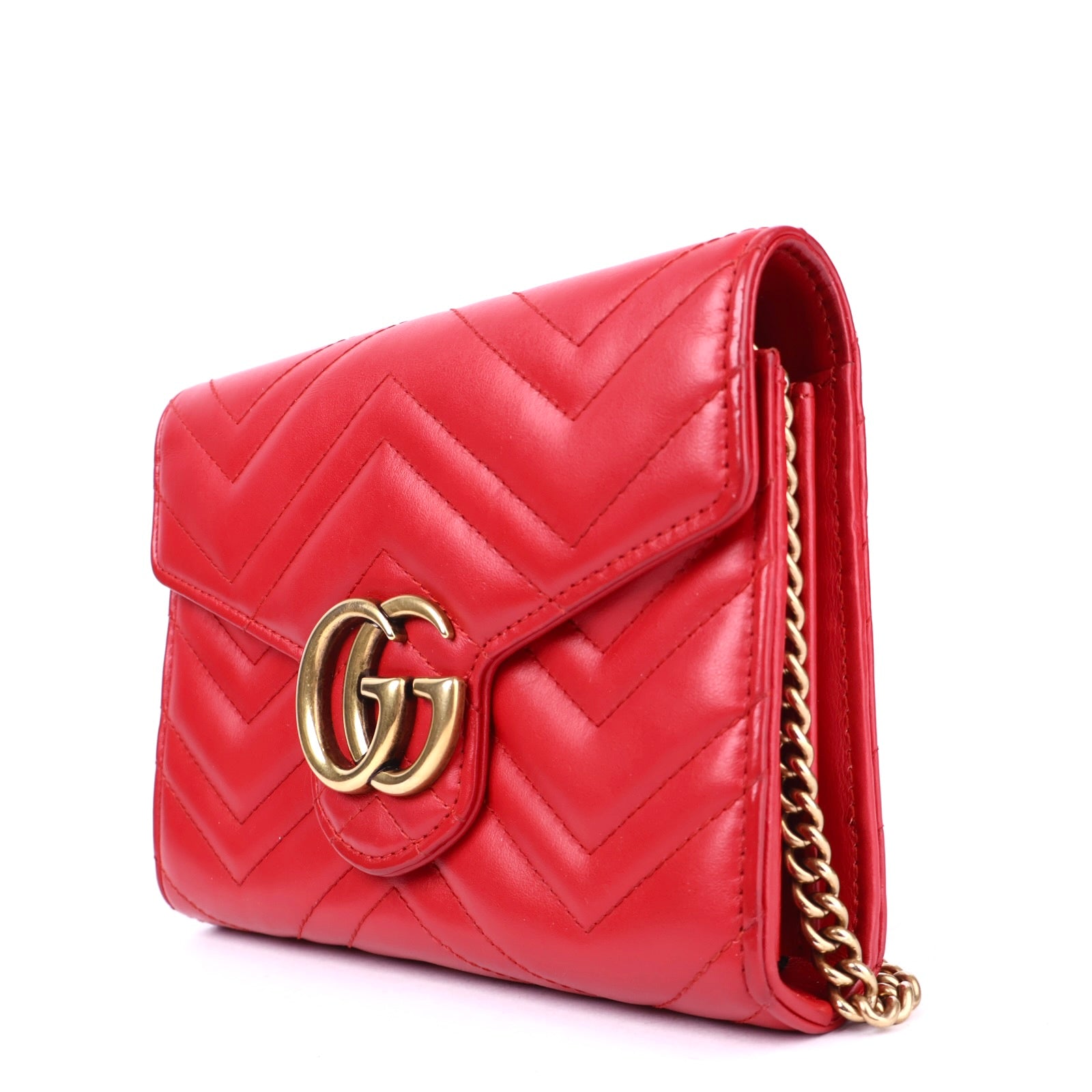 J2097 Gucci Calfskin Matelasse Mini GG Marmont Chain Wallet- Pre Owned
