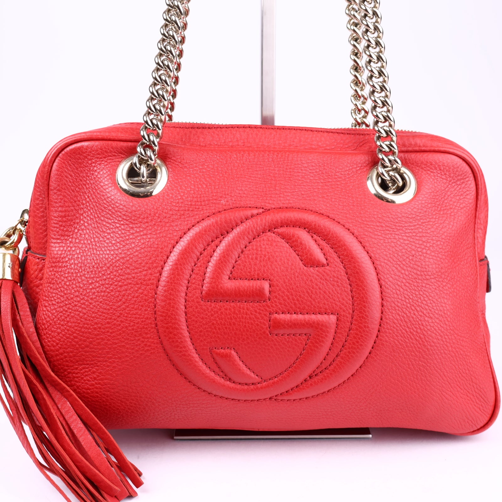 J3341 Gucci Red Pebbled Leather Soho Chain Shoulder Bag- Pre Owned