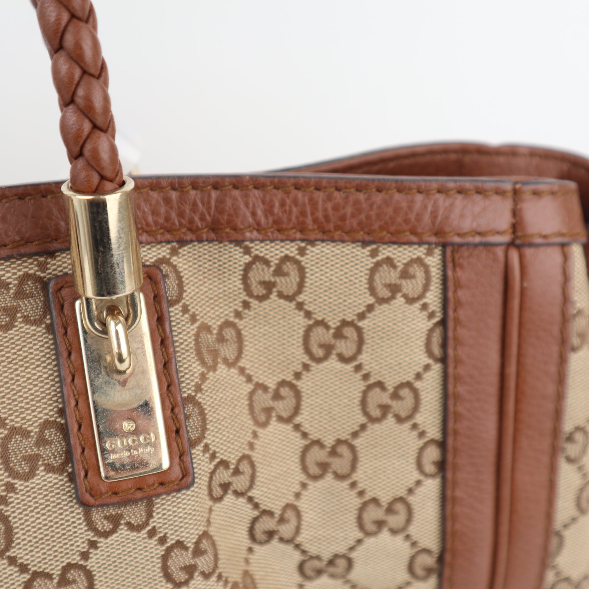 C2249# Gucci Tote Bag GG Canvas Bella | Pre-Owned Very Good Beige and Brown Canvas And Leather Trim