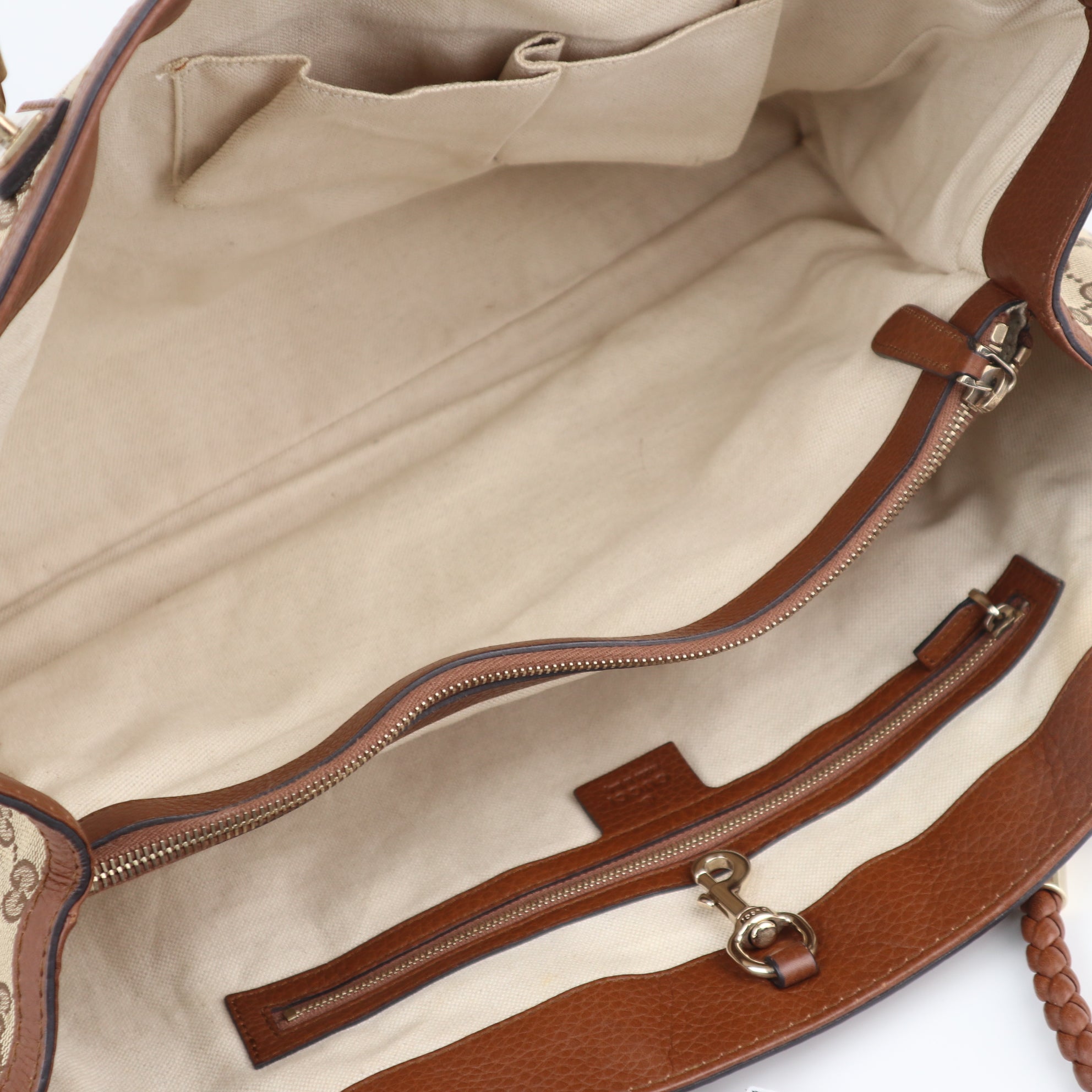 C2249# Gucci Tote Bag GG Canvas Bella | Pre-Owned Very Good Beige and Brown Canvas And Leather Trim