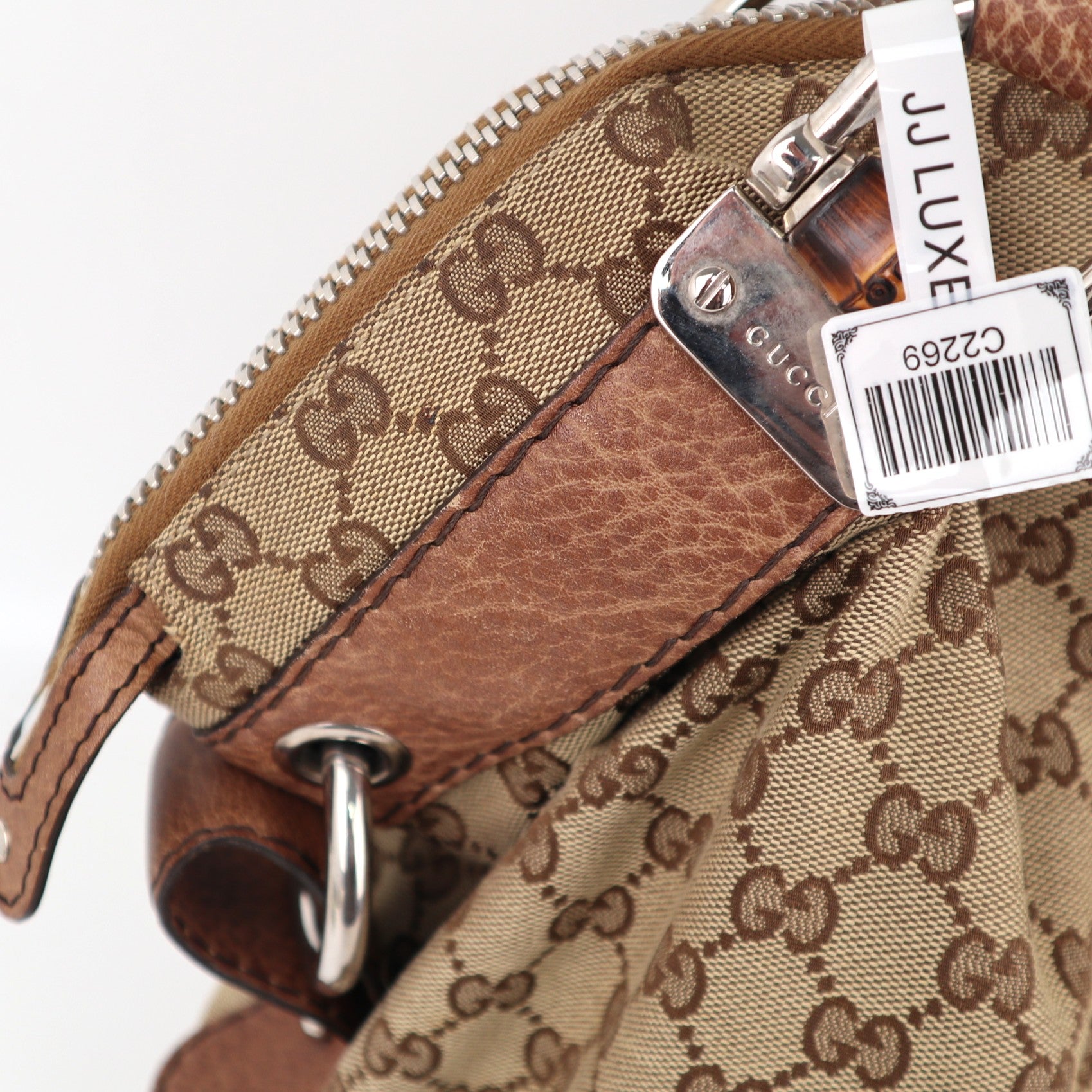 C2269 Gucci Tote Bag GG Canvas Bamboo Bar Tote Bag Large | Pre-Owned Very Good Brown Canvas GG Monogram