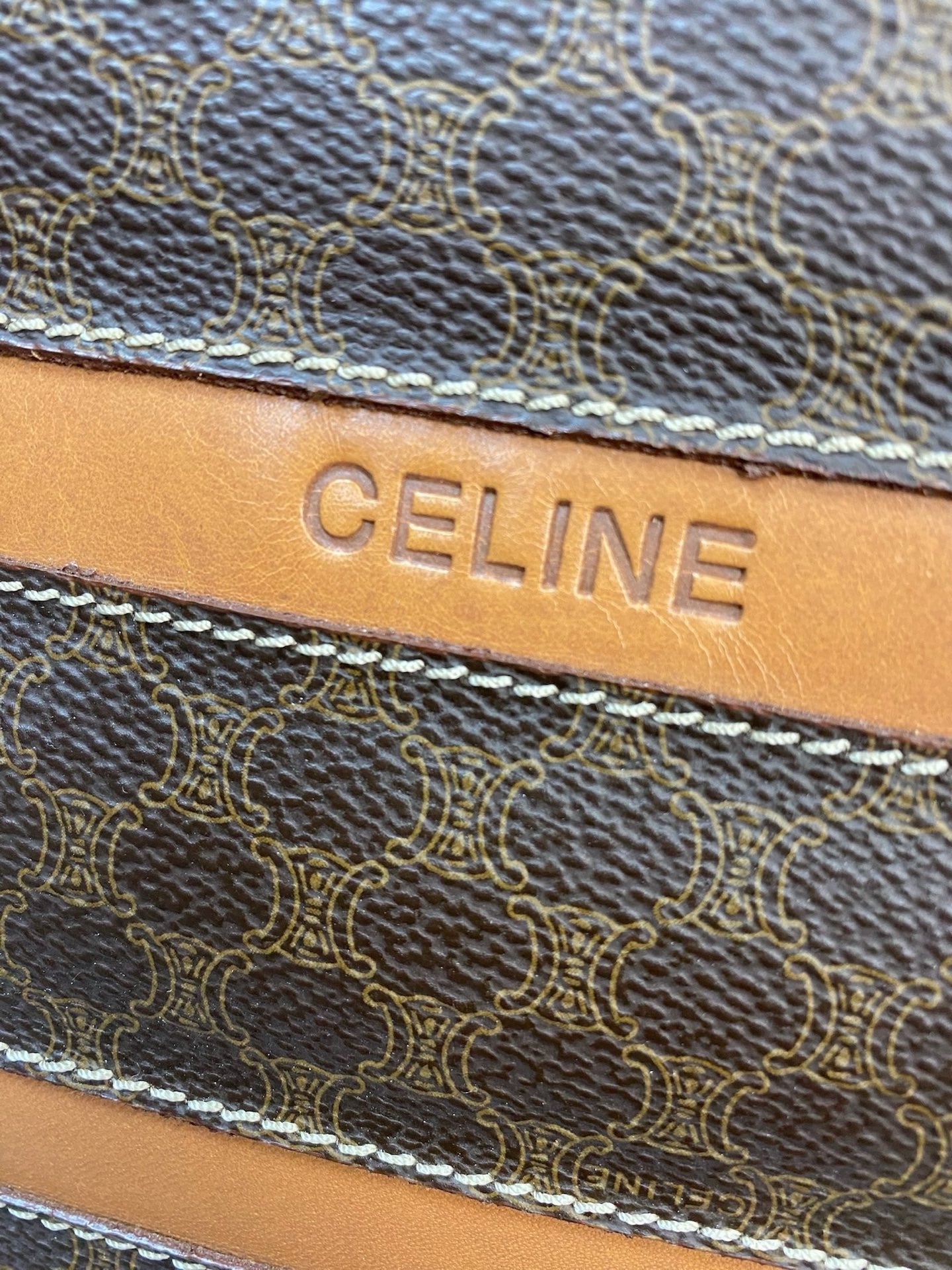 J2952 Celine Tote Bag Macadam Stripe Tote | Pre-Owned Brown Macadam Coated canvas, Leather trim