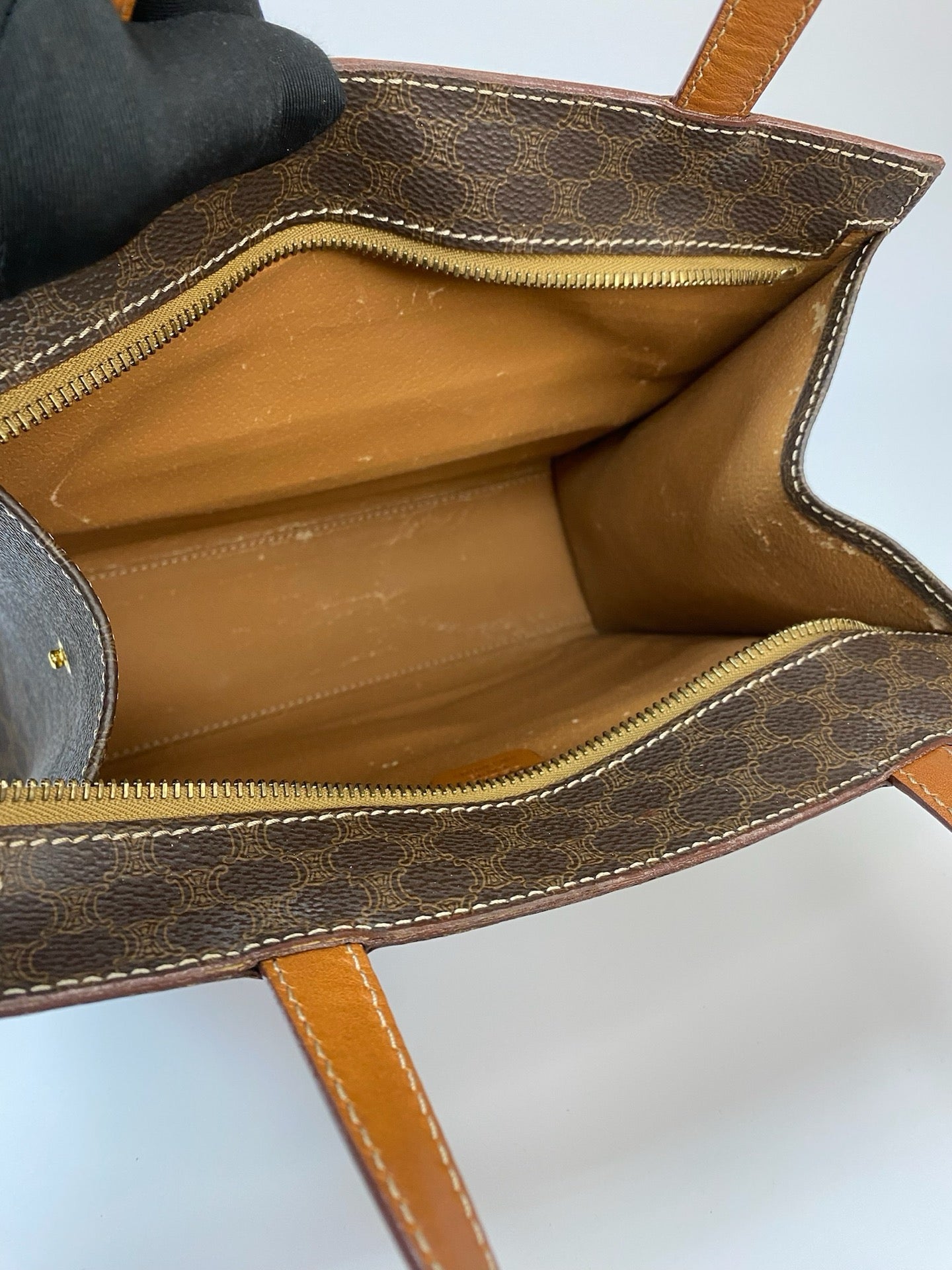 J2952 Celine Tote Bag Macadam Stripe Tote | Pre-Owned Brown Macadam Coated canvas, Leather trim