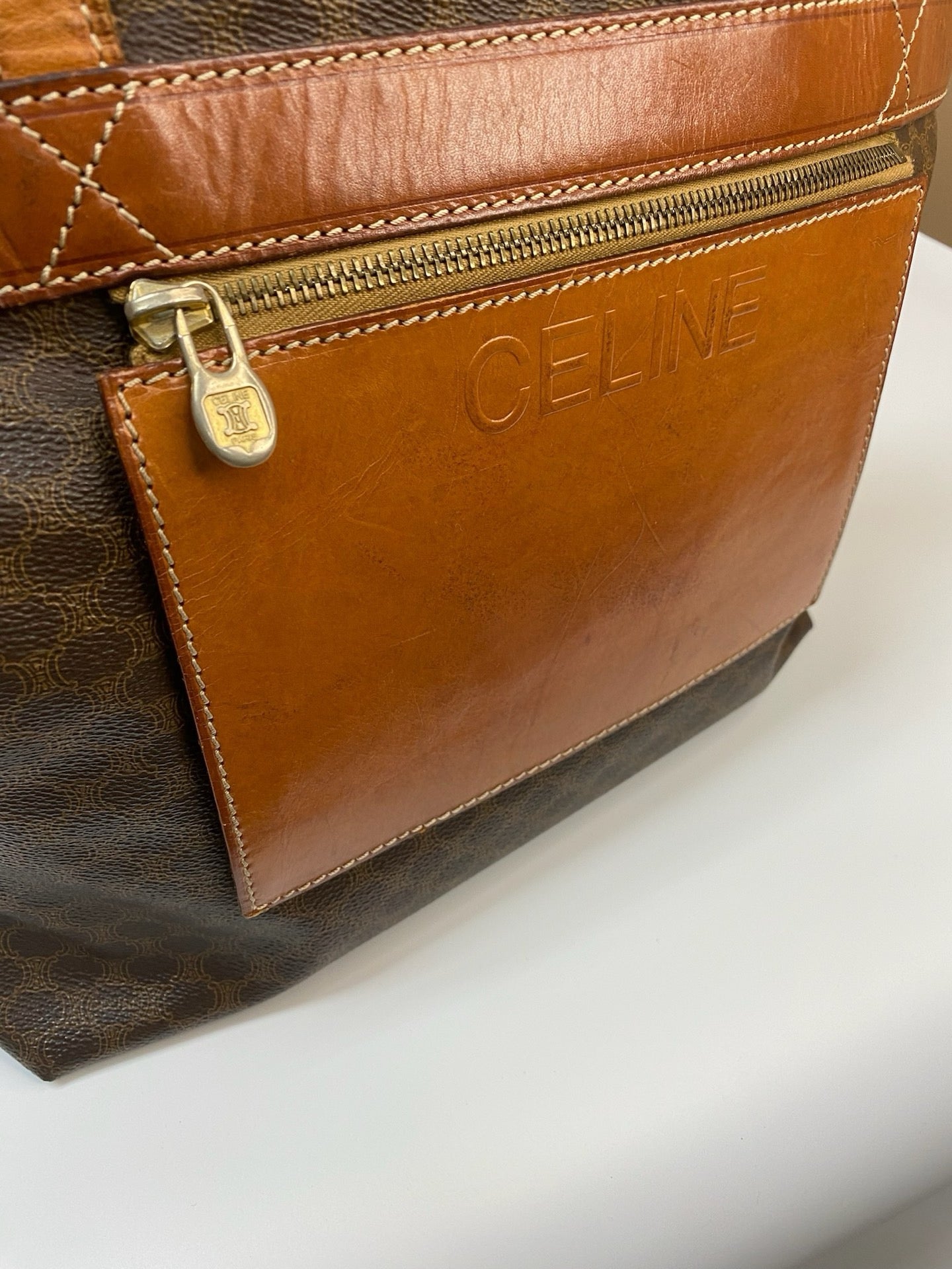 J2953 Celine Tote Bag Macadam Tote | Pre-Owned Brown Macadam Coated canvas, Leather trim