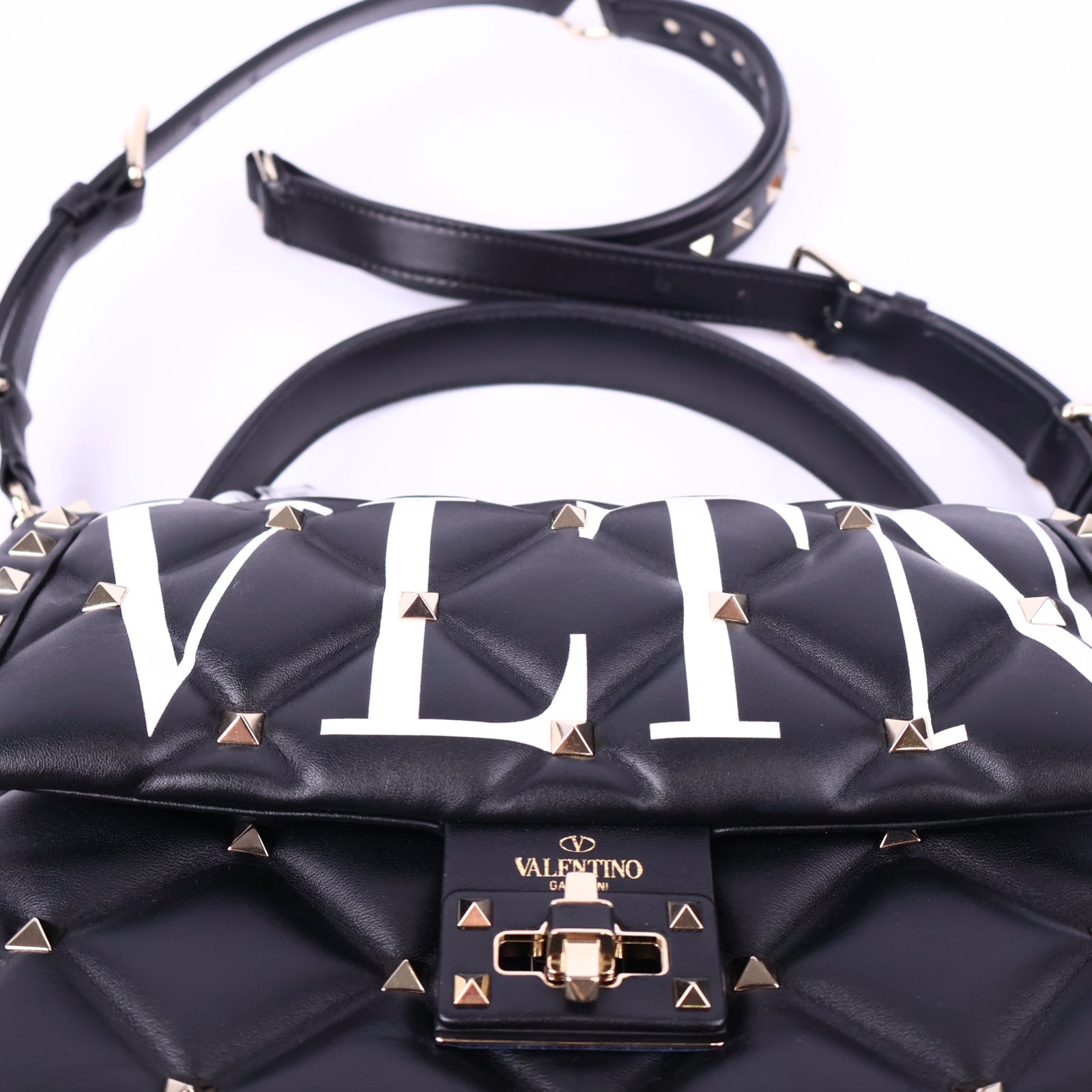 Valentino Lambskin VLTN Print Candystud Black Shoulder Bag J2152 | Pre-Owned Like New Black Leather