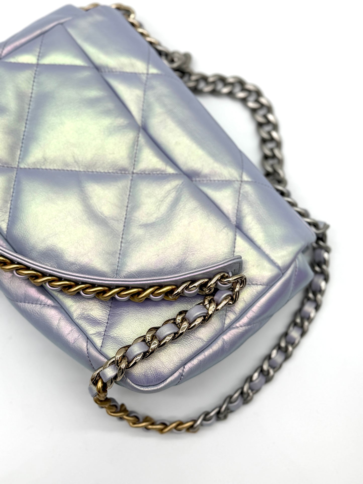 Chanel Iridescent Calfskin Quilted Medium Chanel 19 Flap Light Purple Blue