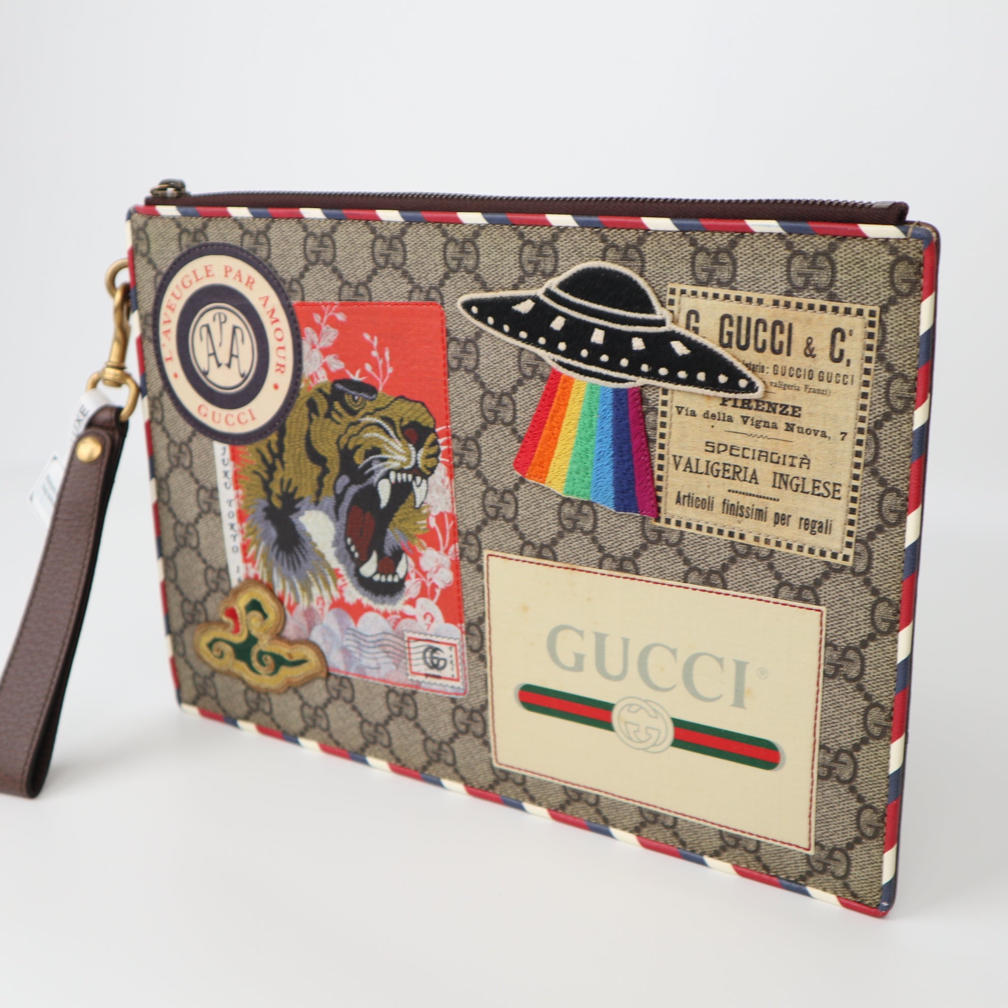 C2005 Gucci GG Supreme Monogram Courrier Embroidered UFO Pouch Beige New Acero-Pre Owned