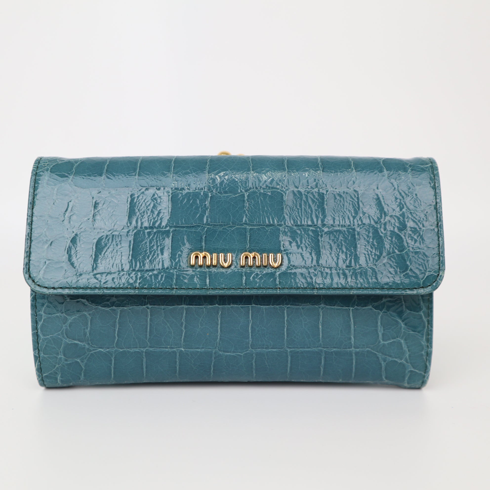 C2015 Miu Miu St Coco Lux Croc Embossed Kiss Lock Wallet in Ottanio-Pre Owned