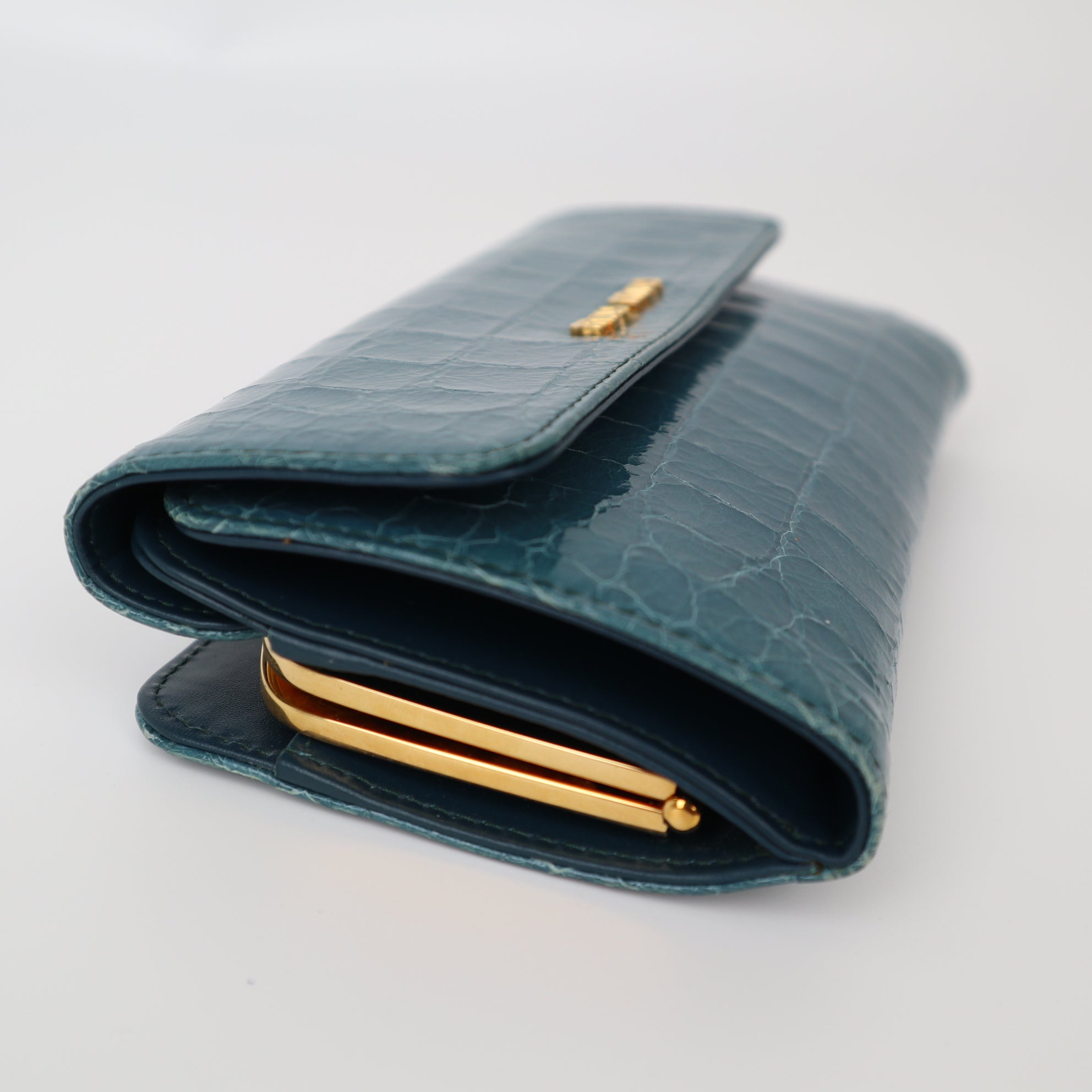 C2015 Miu Miu St Coco Lux Croc Embossed Kiss Lock Wallet in Ottanio-Pre Owned