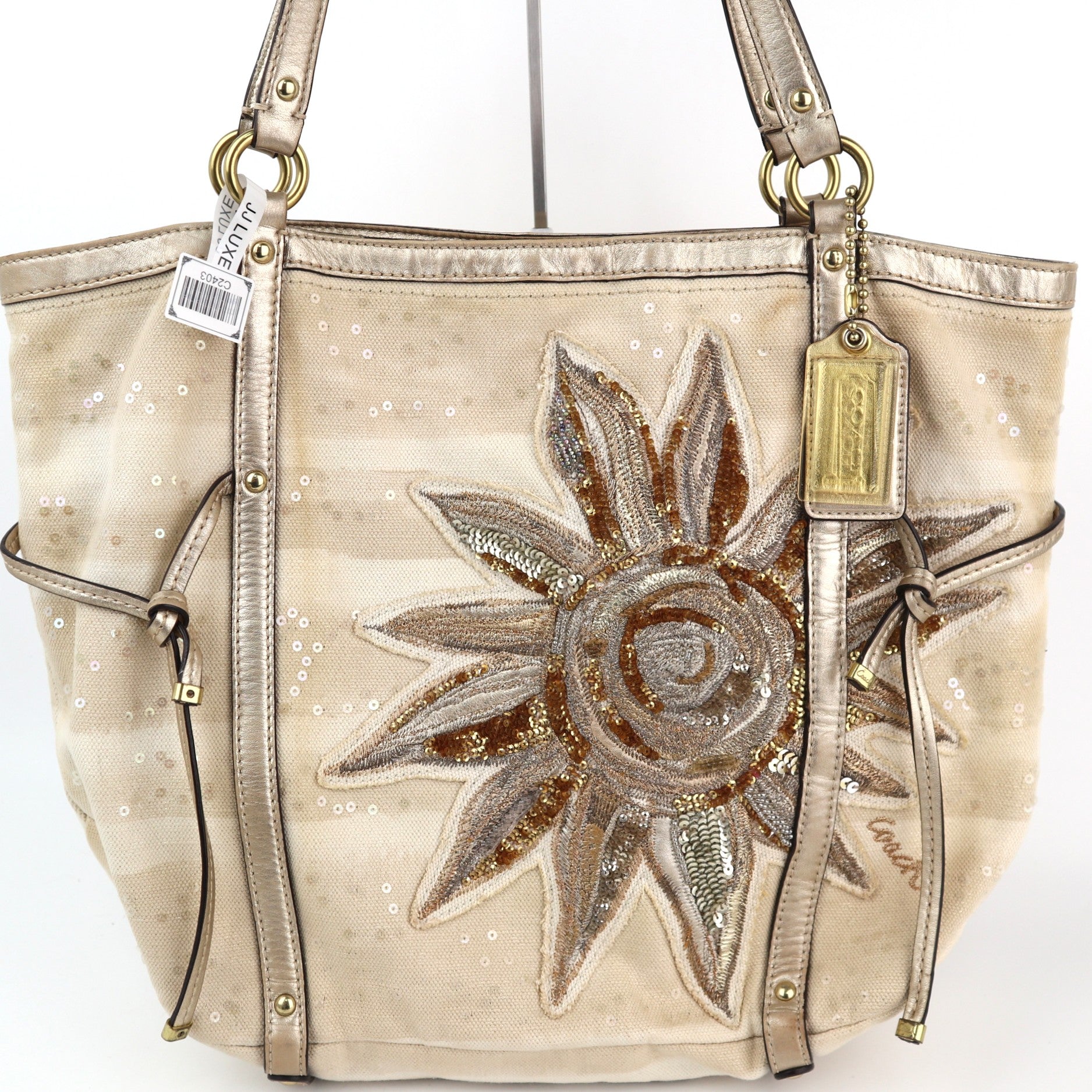 C2403# Coach Tote Bag Sun And Starfish Gold | Pre-Owned Very Good Gold