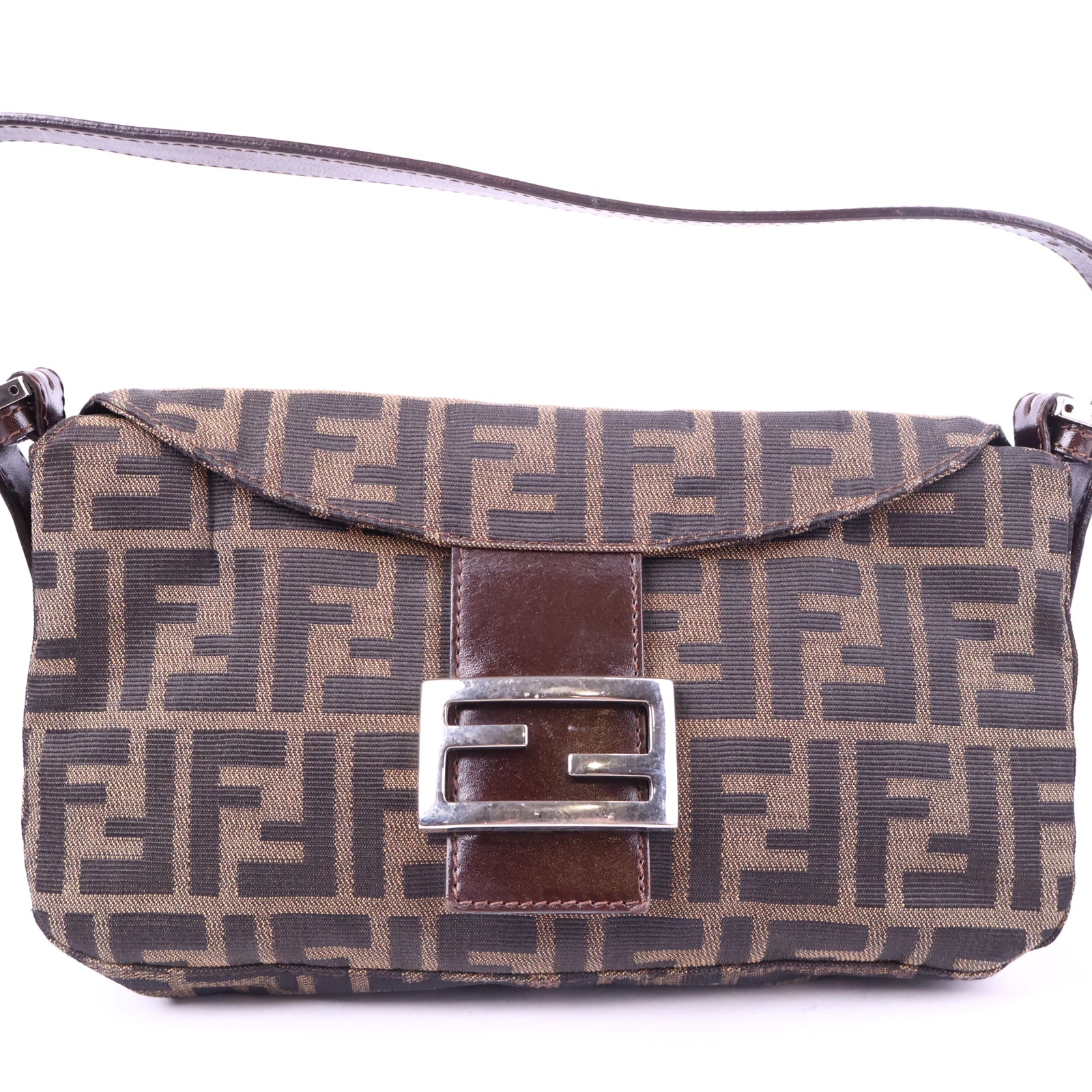 Fendi Brown Monogram Double Flap Baguette Shoulder Bag J3034 | Pre-Owned Like New Brown Monogram Canvas