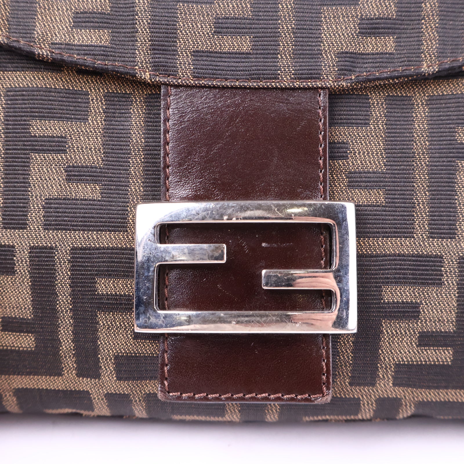 Fendi Brown Monogram Double Flap Baguette Shoulder Bag J3034 | Pre-Owned Like New Brown Monogram Canvas