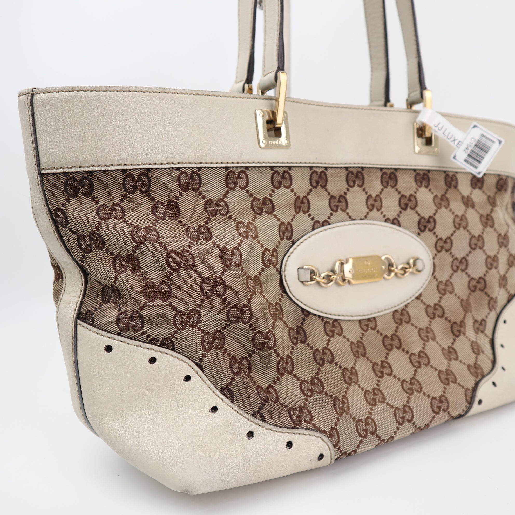 Gucci Monogram Large Punch Tote White Shoulder Bag C1542 | Pre-Owned Good White Monogram Canvas