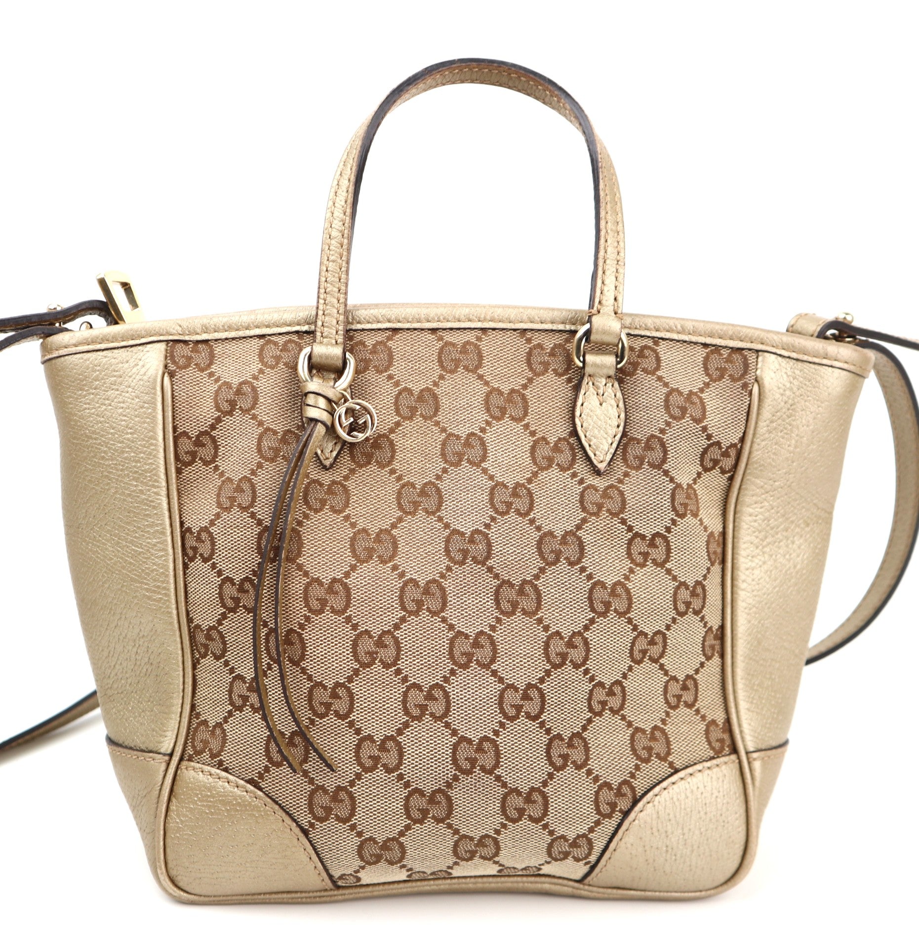 Gucci Small Bree Convertible Tote GG Canvas with Leather Crossbody Bag C1541 | Pre-Owned Very Good Brown Monogram Canvas, Leather