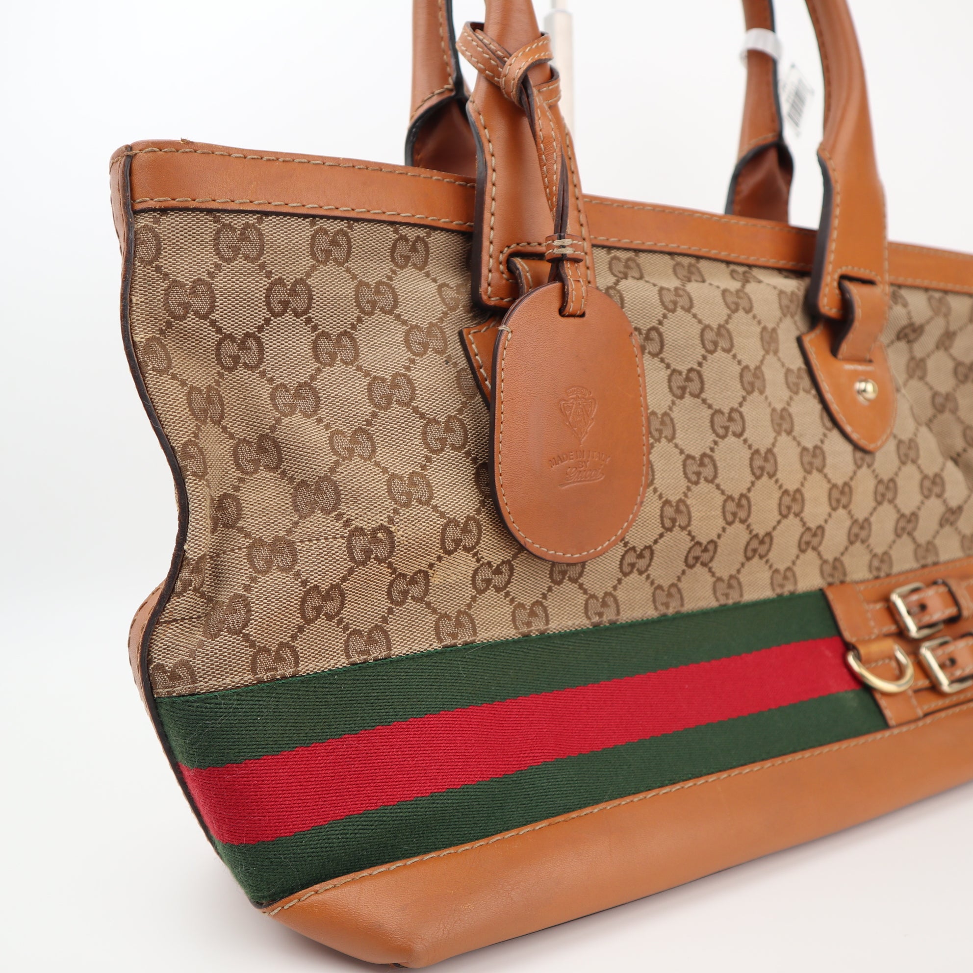 Gucci Monogram Beige/Tan GG Canvas And Leather Heritage Web Tote Shoulder Bag C1544 | Pre-Owned Very Good Beige / Tan Monogram Canvas, Leather