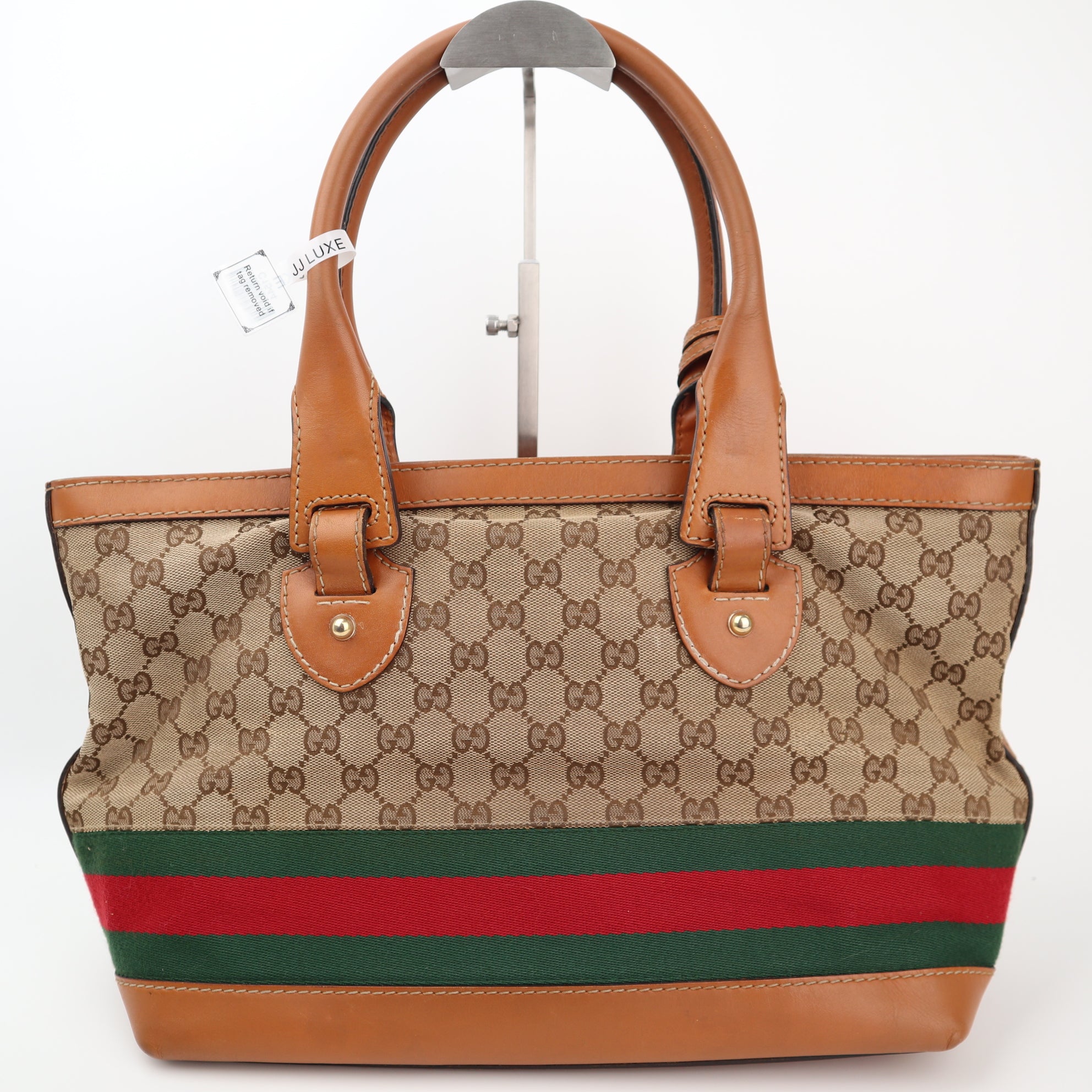 Gucci Monogram Beige/Tan GG Canvas And Leather Heritage Web Tote Shoulder Bag C1544 | Pre-Owned Very Good Beige / Tan Monogram Canvas, Leather