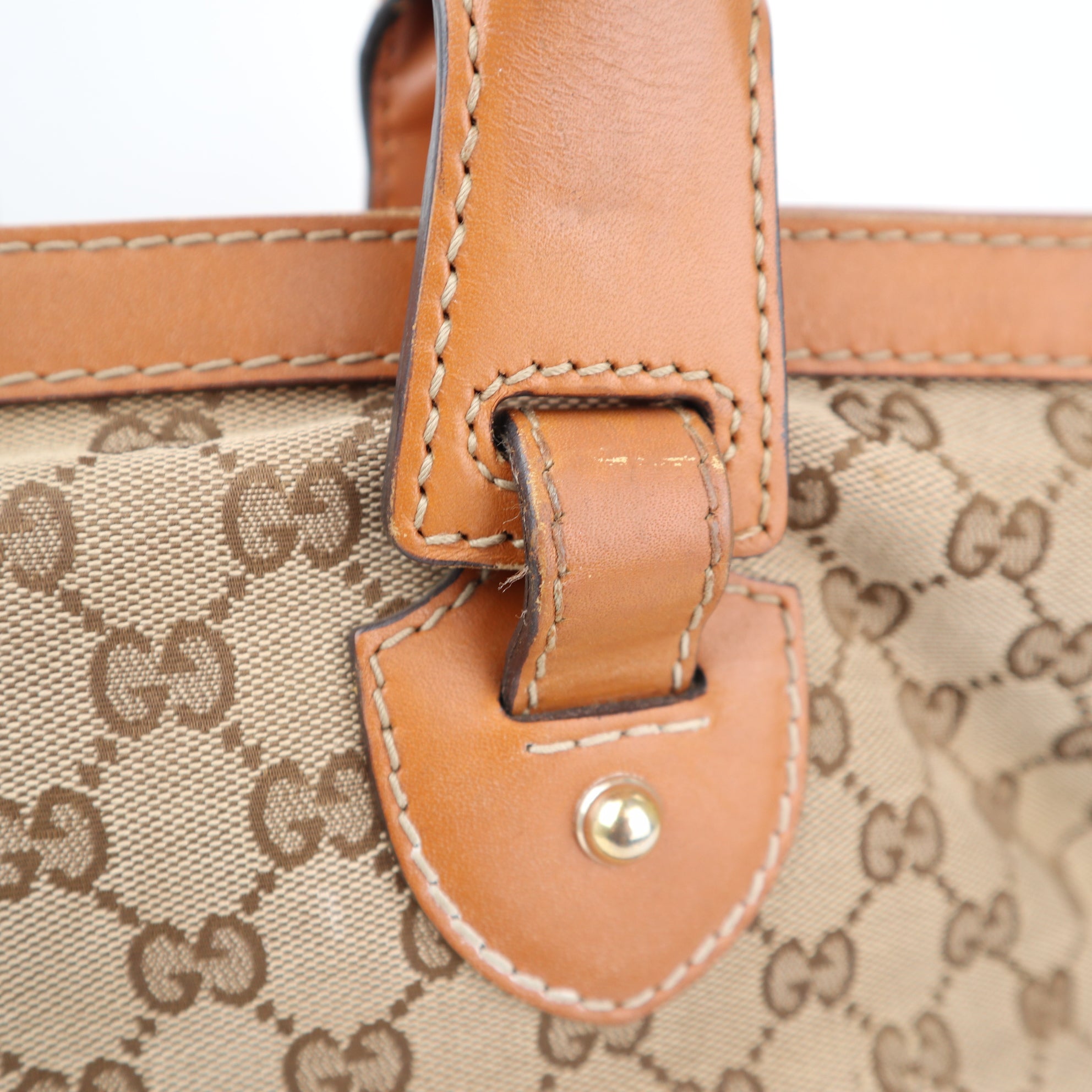 Gucci Monogram Beige/Tan GG Canvas And Leather Heritage Web Tote Shoulder Bag C1544 | Pre-Owned Very Good Beige / Tan Monogram Canvas, Leather